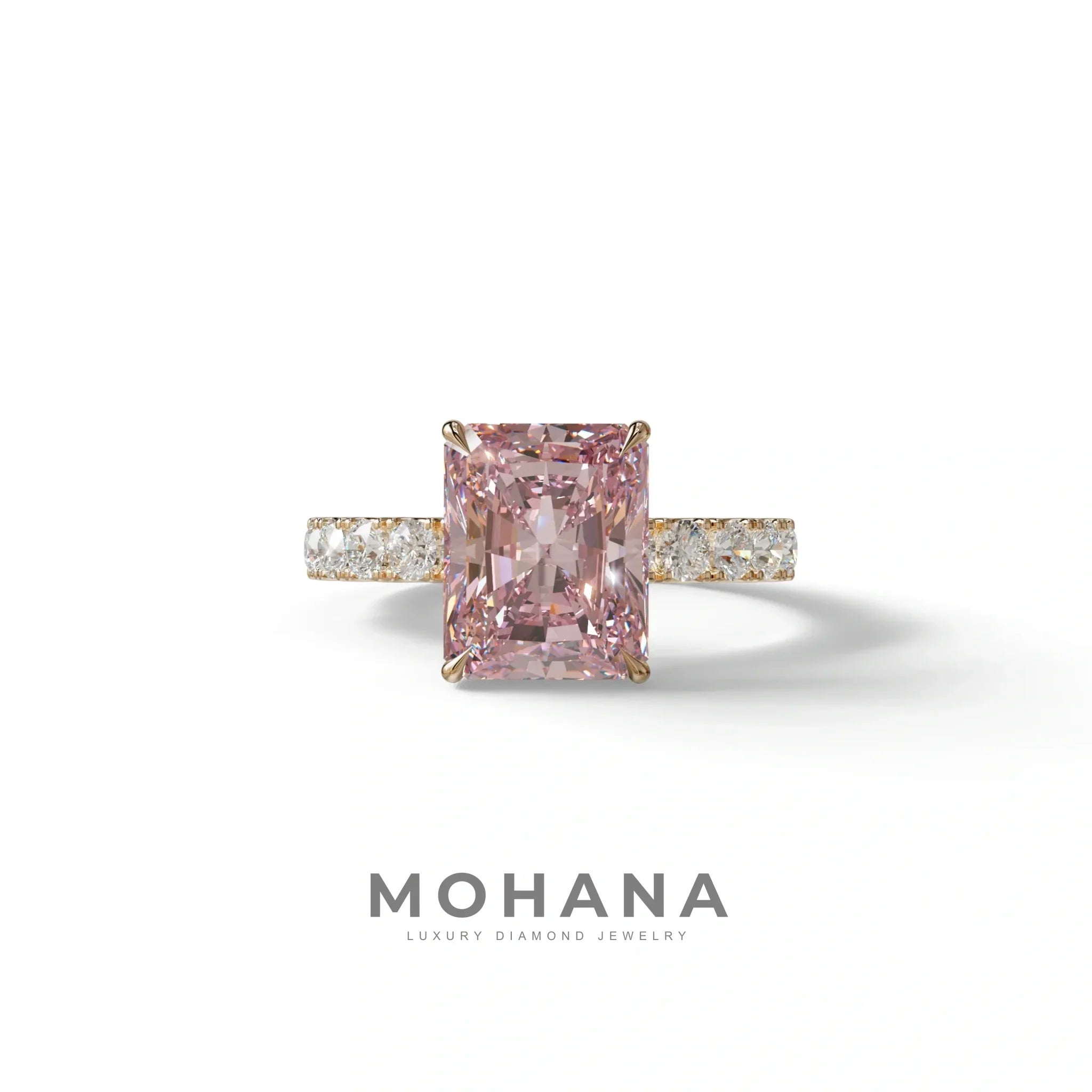 3 Carat Pink Radiant Shaped Hidden Halo Eternity Lab Diamond Ring - Lace Bridge - 10K Solid Gold / Rose Gold