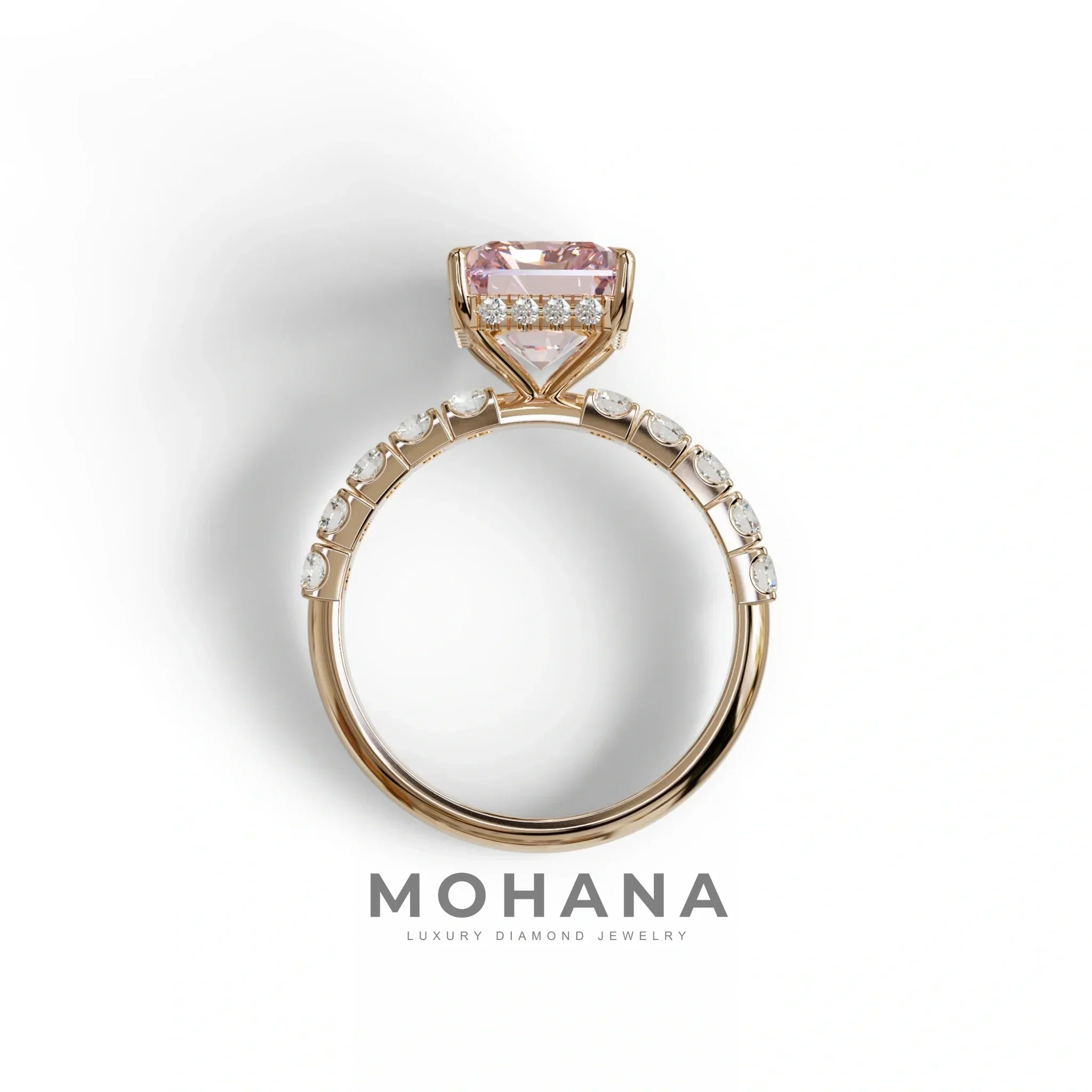 3 Carat Pink Radiant Shaped Hidden Halo Eternity Lab Diamond Ring - Lace Bridge