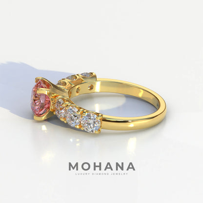 3 Carat Pink Round Cut Half Eternity Lab Diamond Engagement Ring - Angeleno