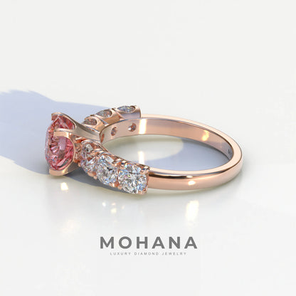 3 Carat Pink Round Cut Half Eternity Lab Diamond Engagement Ring - Angeleno