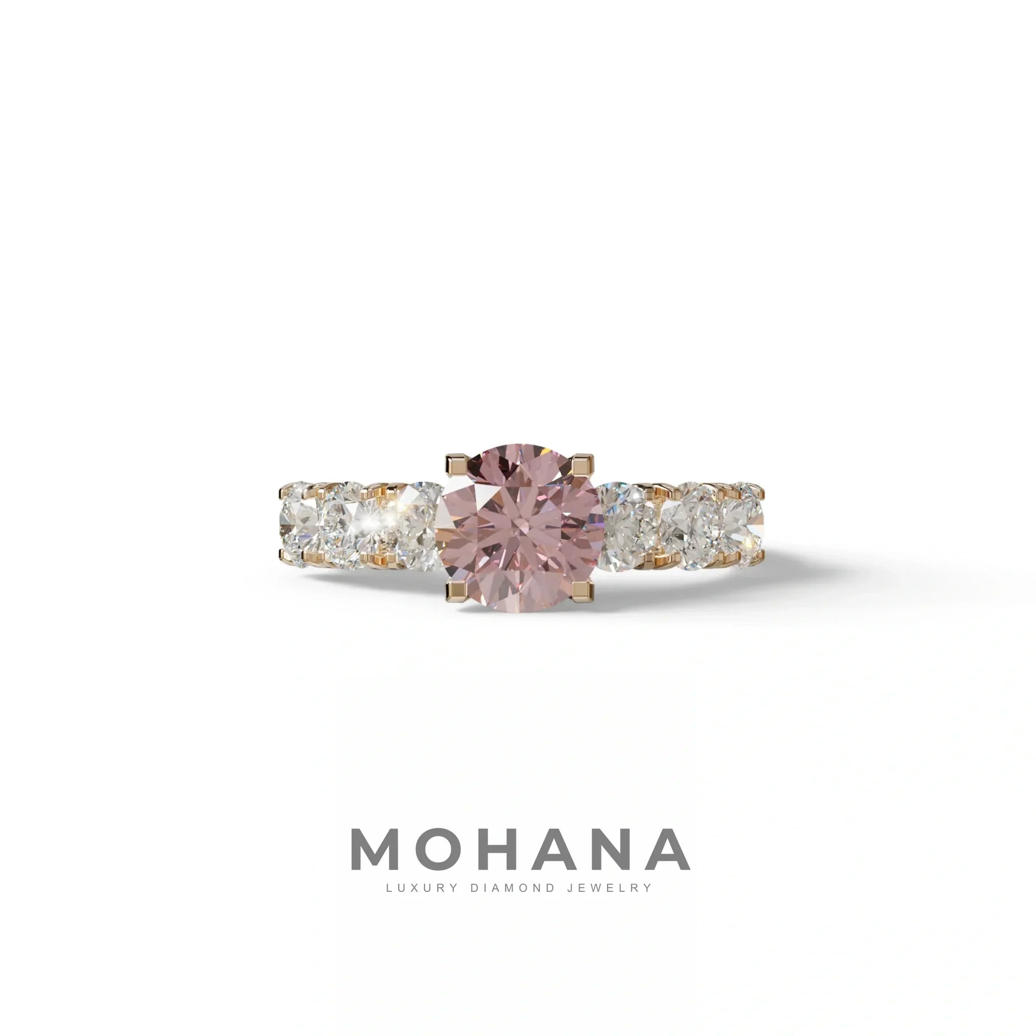 3 Carat Pink Round Cut Half Eternity Lab Diamond Engagement Ring - Angeleno - 10K Solid Gold / Rose Gold