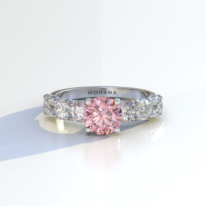 3 Carat Pink Round Cut Half Eternity Lab Diamond Engagement Ring - Angeleno - 10K Solid Gold / White Gold