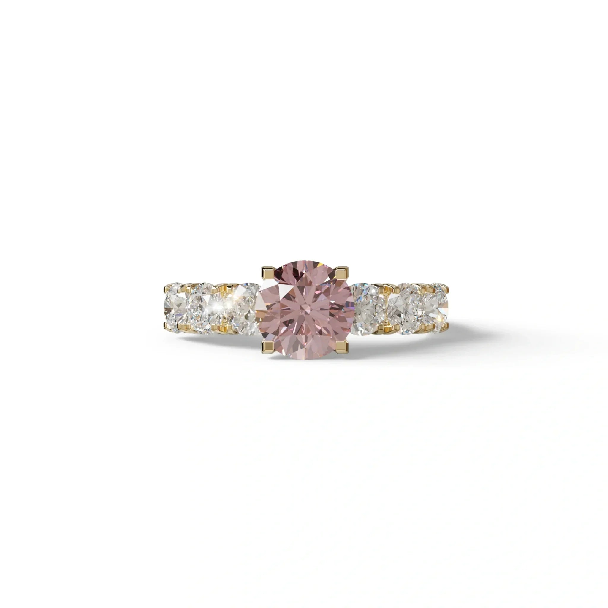 3 Carat Pink Round Cut Half Eternity Lab Diamond Engagement Ring - Angeleno - 10K Solid Gold / Yellow Gold