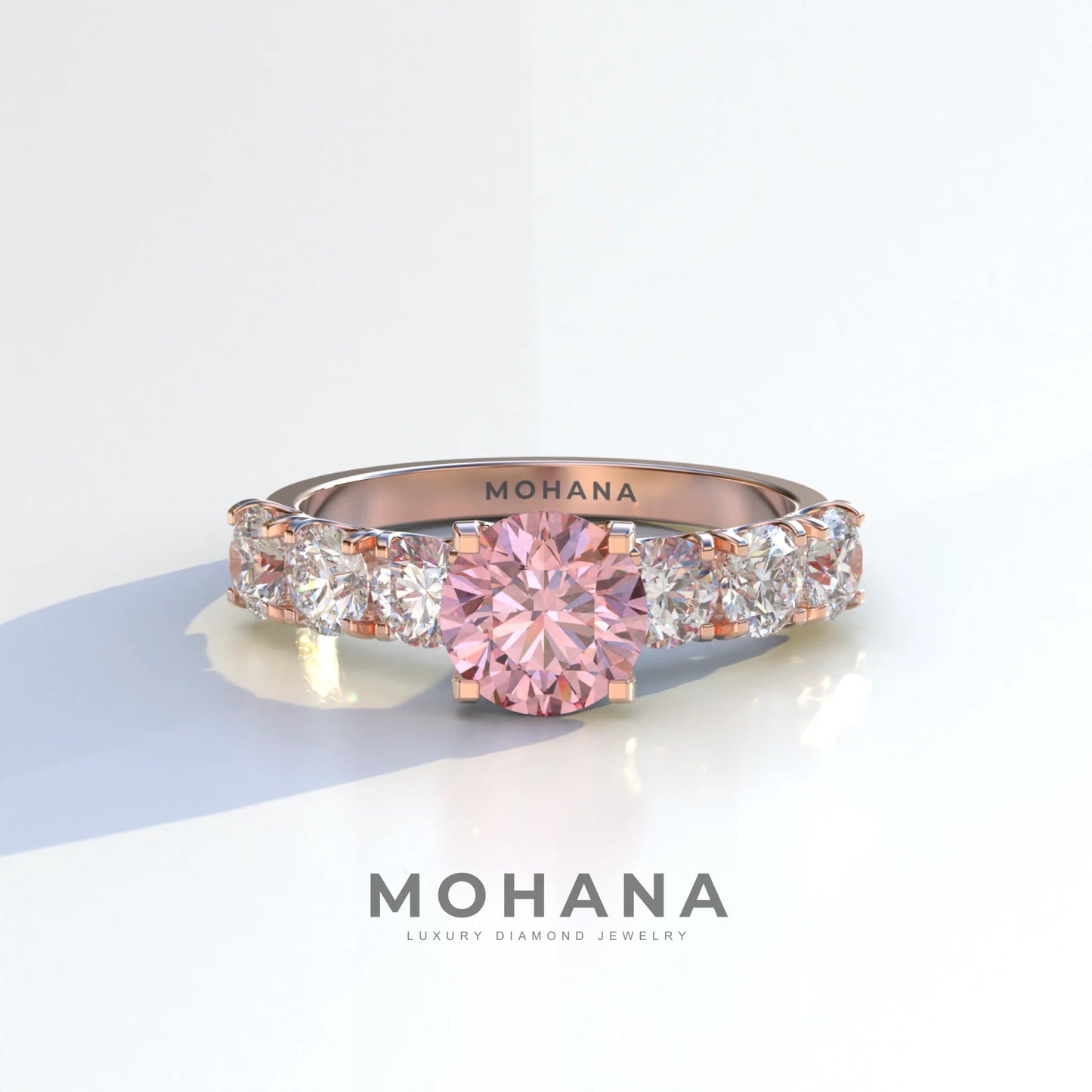 3 Carat Pink Round Cut Half Eternity Lab Diamond Engagement Ring - Angeleno - 10K Solid Gold / Rose Gold