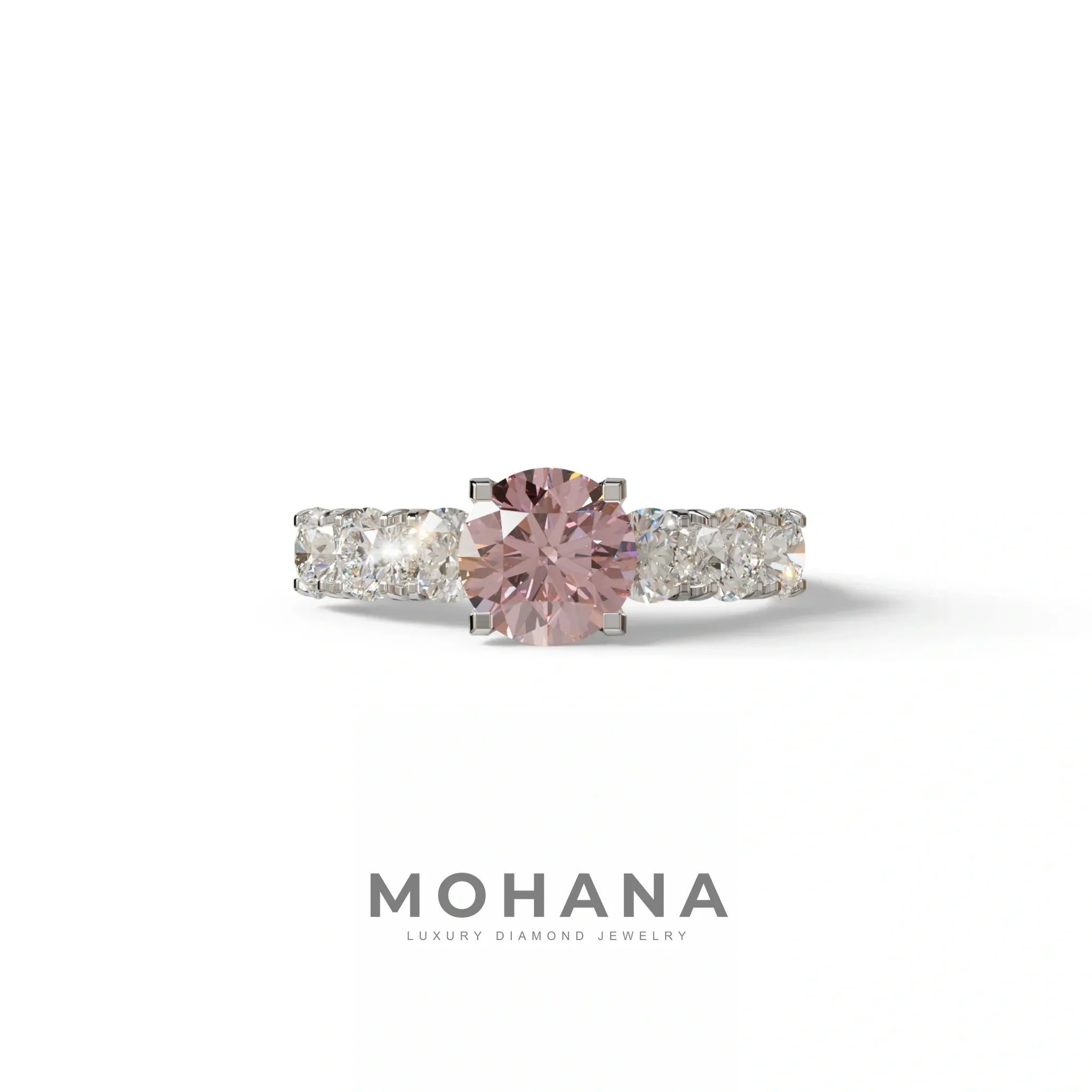 3 Carat Pink Round Cut Half Eternity Lab Diamond Engagement Ring - Angeleno - 10K Solid Gold / White Gold