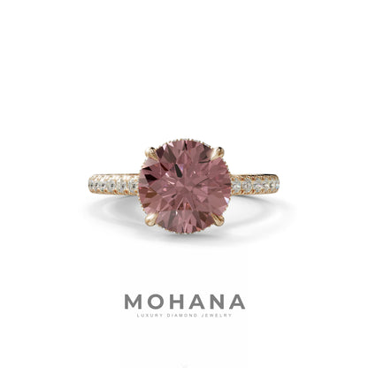 3 Carat Pink Round Cut Hidden Halo & Pave Setting Lab Diamond Ring - Eblouissant - 10K Solid Gold / Rose Gold