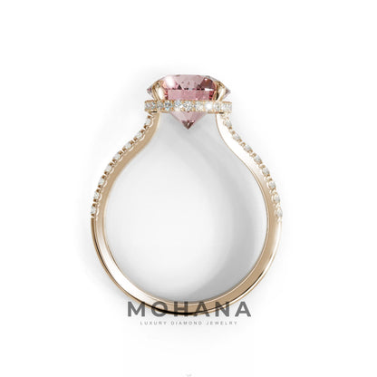 3 Carat Pink Round Cut Hidden Halo & Pave Setting Lab Diamond Ring - Eblouissant