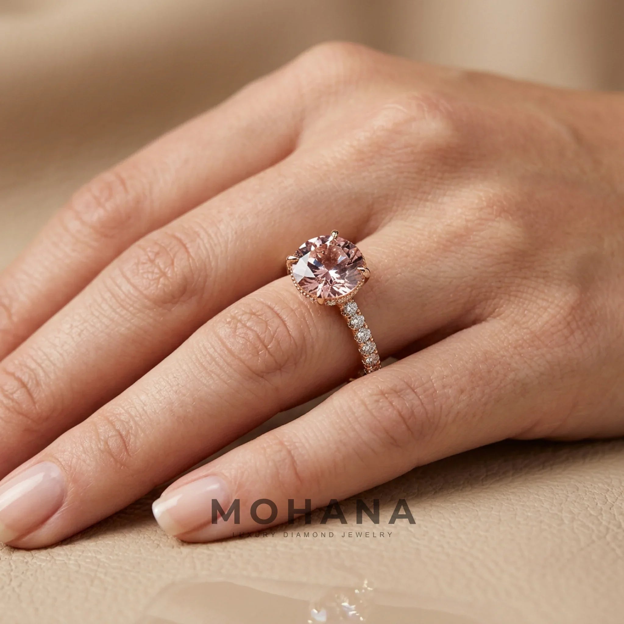 3 Carat Pink Round-Cut Lab Diamond Engagement Ring | Hidden Halo & Pavé