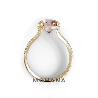 3 Carat Pink Round Cut Hidden Halo & Pave Setting Lab Diamond Ring - Eblouissant