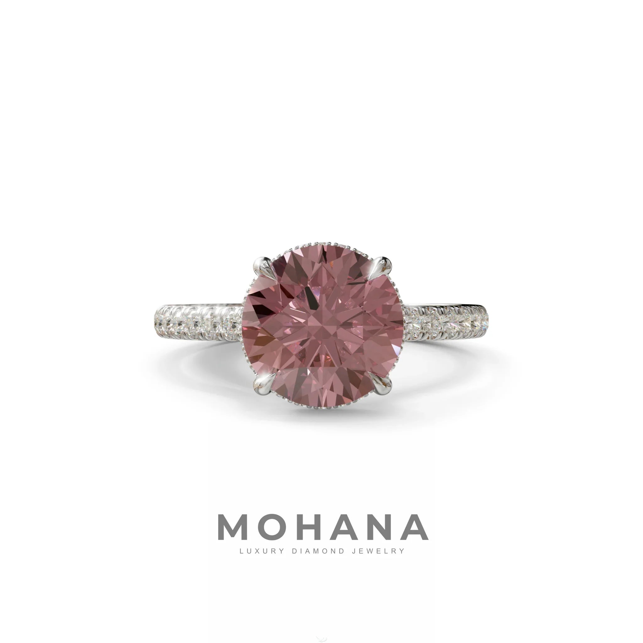 3 Carat Pink Round Cut Hidden Halo & Pave Setting Lab Diamond Ring - Eblouissant - 10K Solid Gold / White Gold