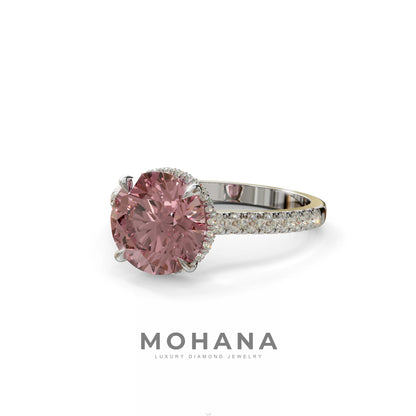 3 Carat Pink Round Cut Hidden Halo & Pave Setting Lab Diamond Ring - Eblouissant