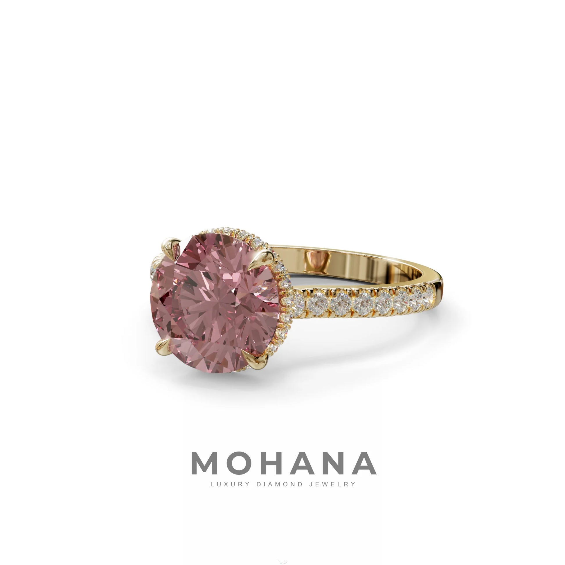 3 Carat Pink Round Cut Hidden Halo & Pave Setting Lab Diamond Ring - Eblouissant
