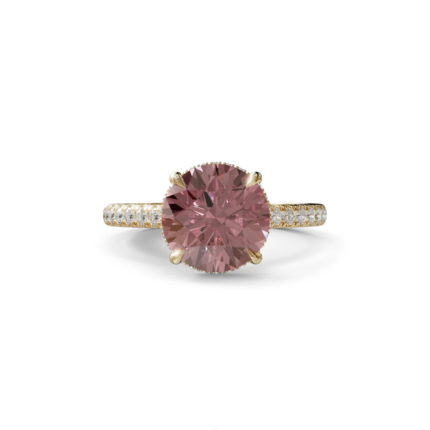3 Carat Pink Round Cut Hidden Halo & Pave Setting Lab Diamond Ring - Eblouissant - 10K Solid Gold / Yellow Gold