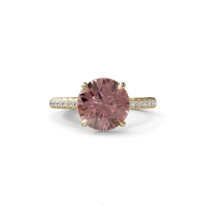 3 Carat Pink Round Cut Hidden Halo & Pave Setting Lab Diamond Ring - Eblouissant - 10K Solid Gold / Yellow Gold
