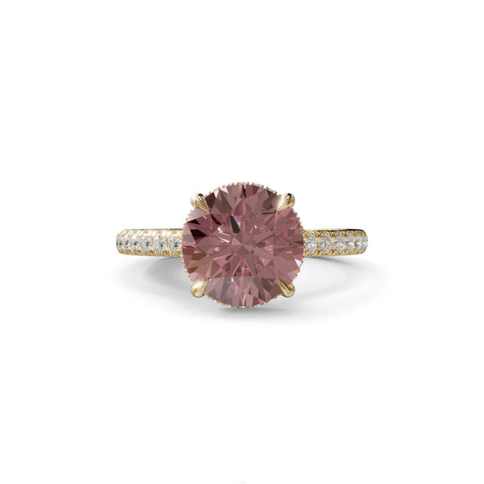 3 Carat Pink Round Cut Hidden Halo & Pave Setting Lab Diamond Ring - Eblouissant - 10K Solid Gold / Yellow Gold