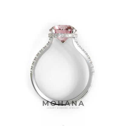3 Carat Pink Round Cut Hidden Halo & Pave Setting Lab Diamond Ring - Eblouissant