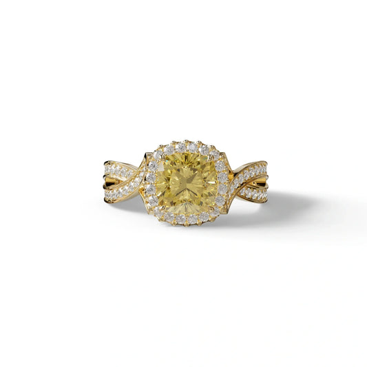 3 Carat Yellow Cushion Cut Lab Grown Halo Diamond Engagement Ring - Odessa - 10K Solid Gold / Yellow Gold