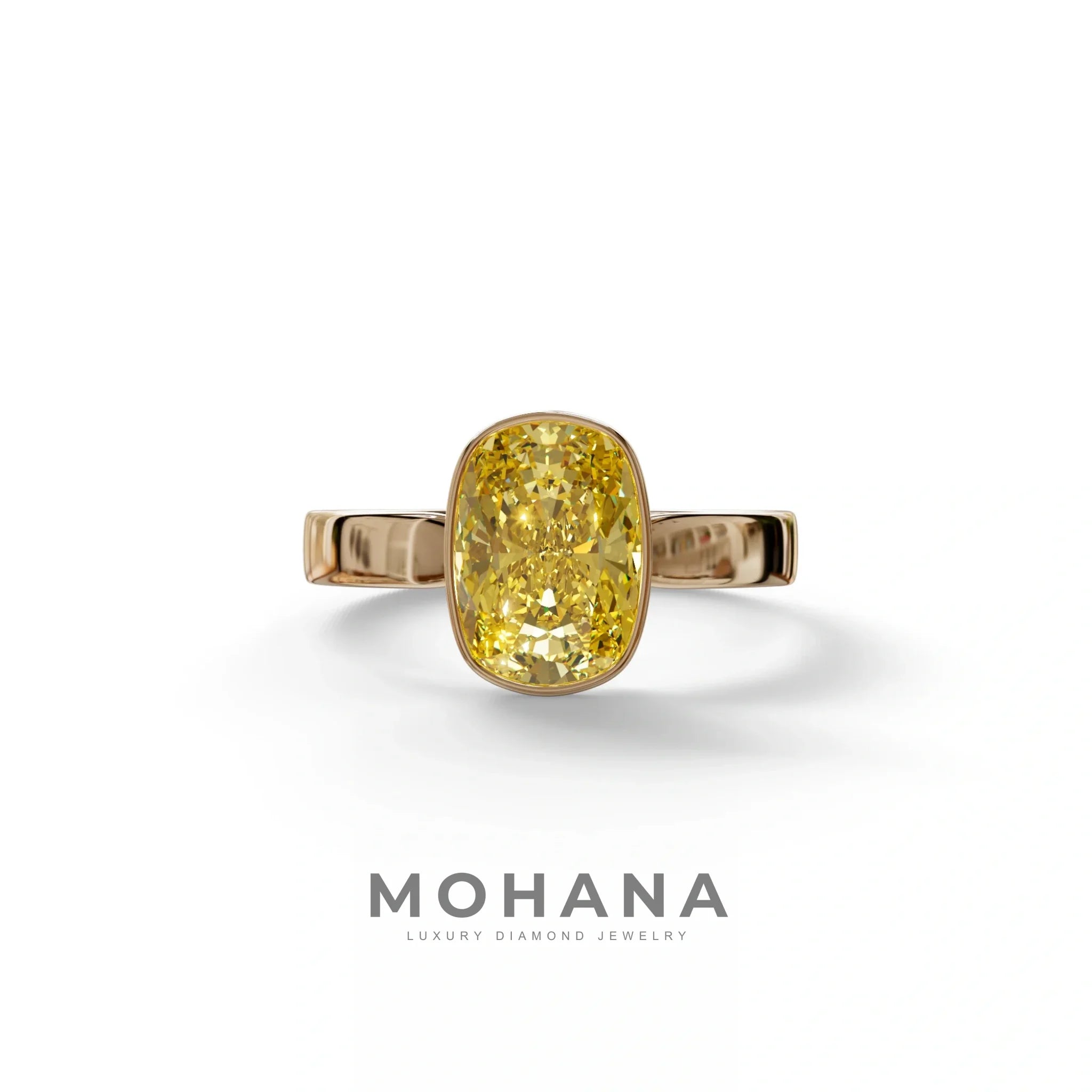 3 Carat Yellow Elongated Cushion Cut Bezel Set Engagement Ring - Astrae - 10K Solid Gold / Rose Gold