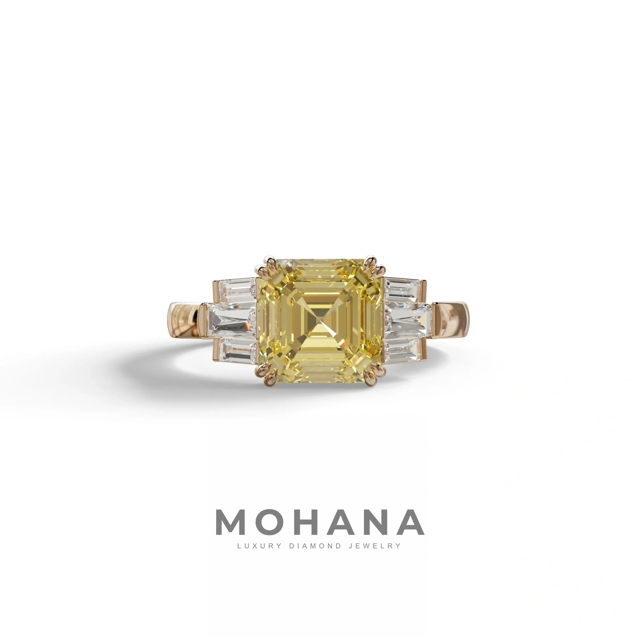 3 Ct Yellow Asscher Cut Lab Diamond Double Claw Prong Setting Ring -Celestial - 10K Solid Gold / Rose Gold