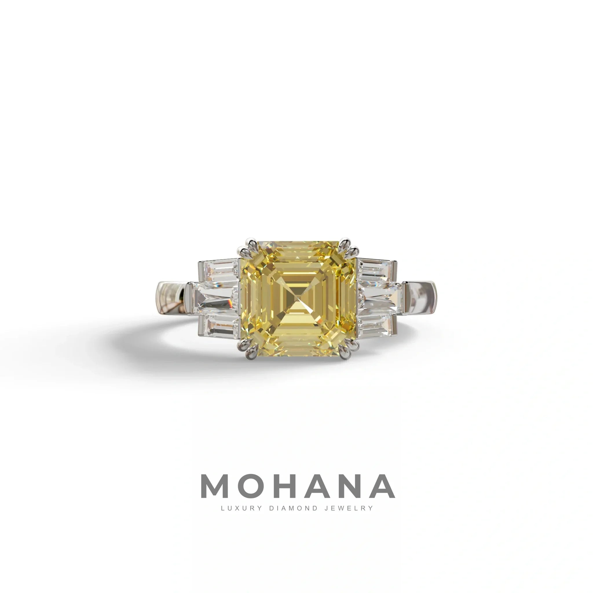 3 Ct Yellow Asscher Cut Lab Diamond Double Claw Prong Setting Ring -Celestial - 10K Solid Gold / White Gold