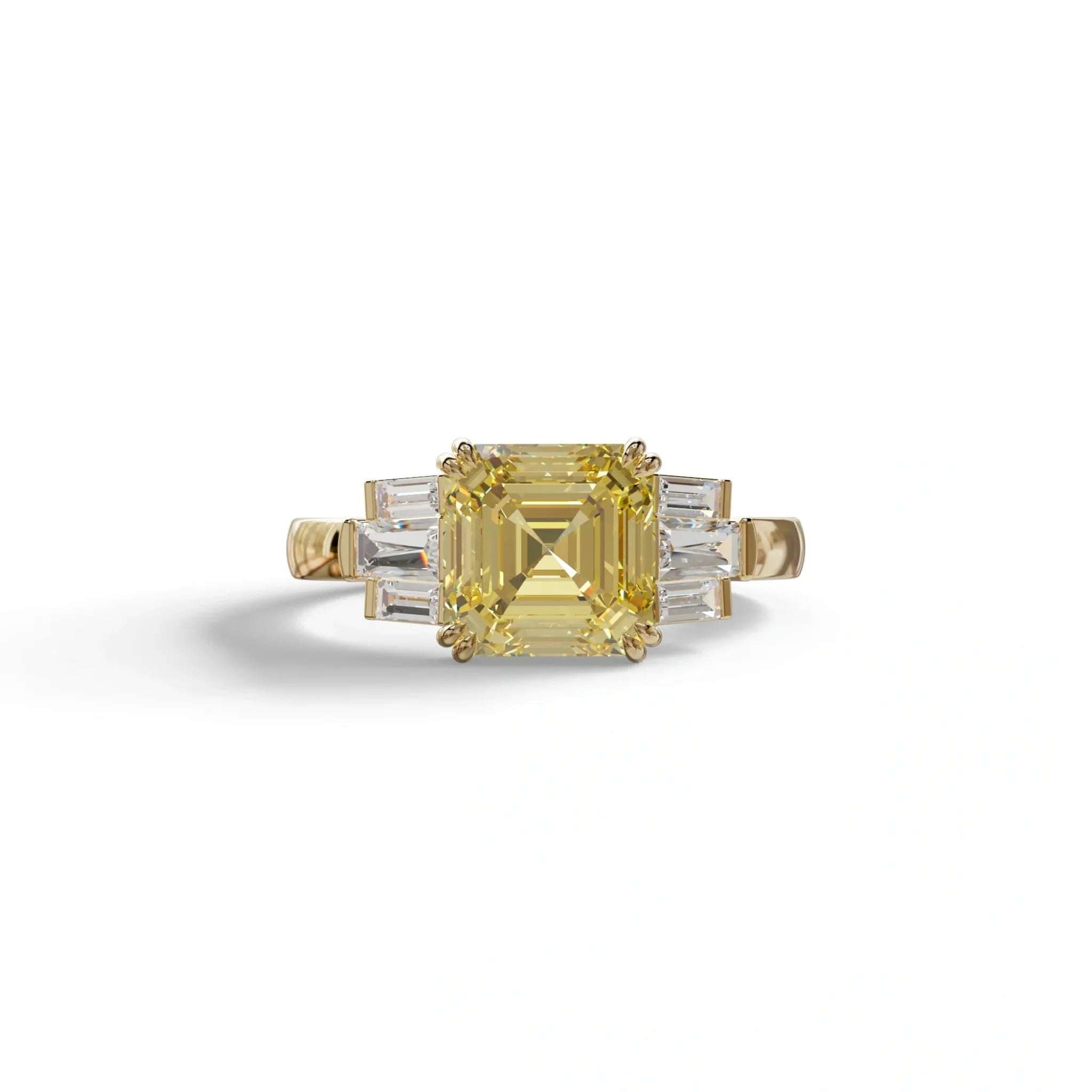 3 Ct Yellow Asscher Cut Lab Diamond Double Claw Prong Setting Ring -Celestial - 10K Solid Gold / Yellow Gold