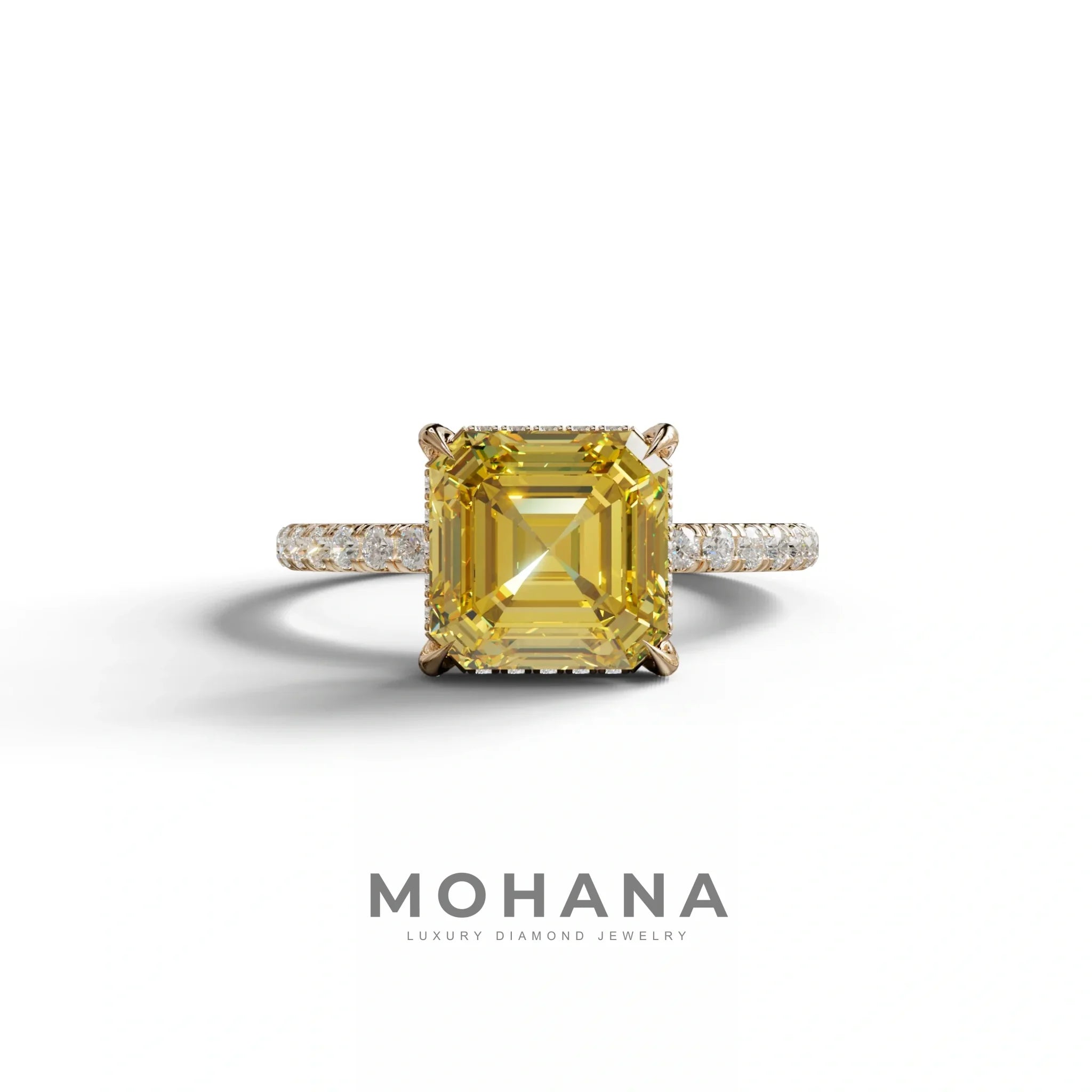 3 Carat Yellow Asscher Cut Hidden Halo & Pave Lab Grown Diamond Ring - 10K Solid Gold / Rose Gold