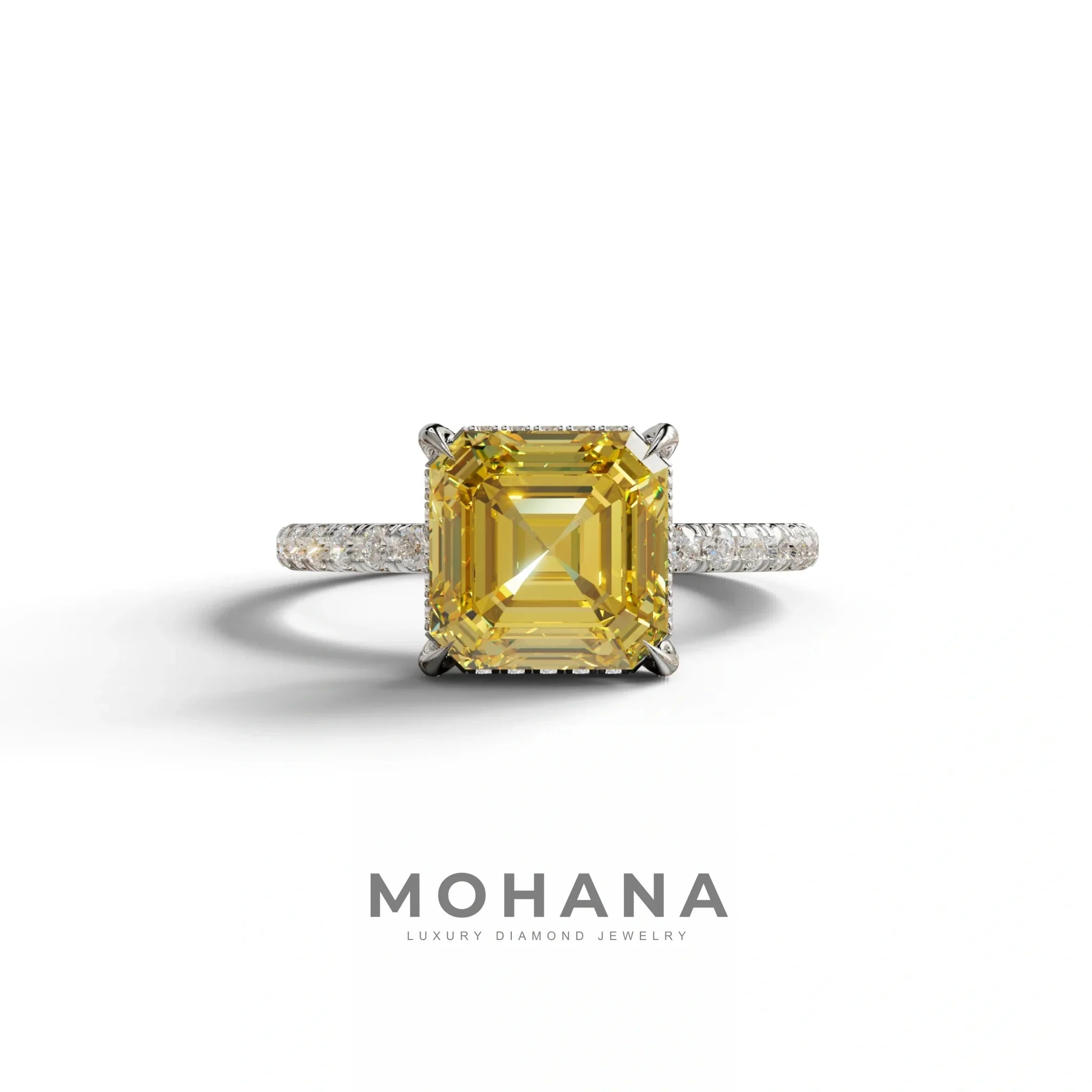 3 Carat Yellow Asscher Cut Hidden Halo & Pave Lab Grown Diamond Ring - 10K Solid Gold / White Gold