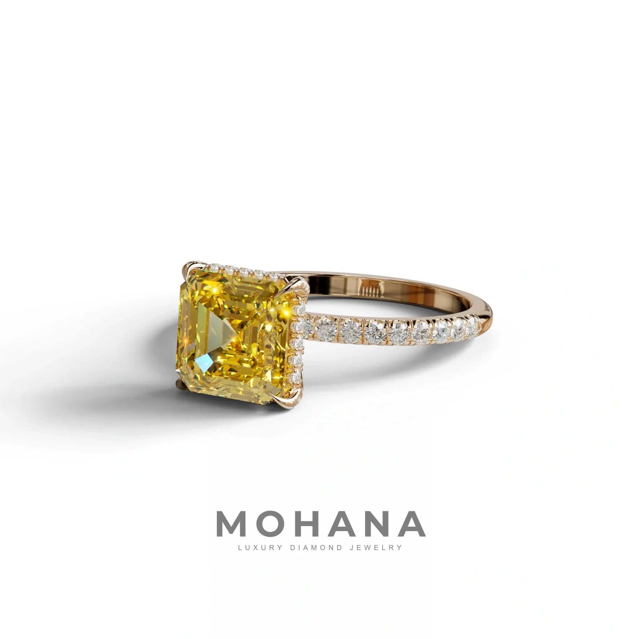 3 Carat Yellow Asscher Cut Hidden Halo & Pave Lab Grown Diamond Ring