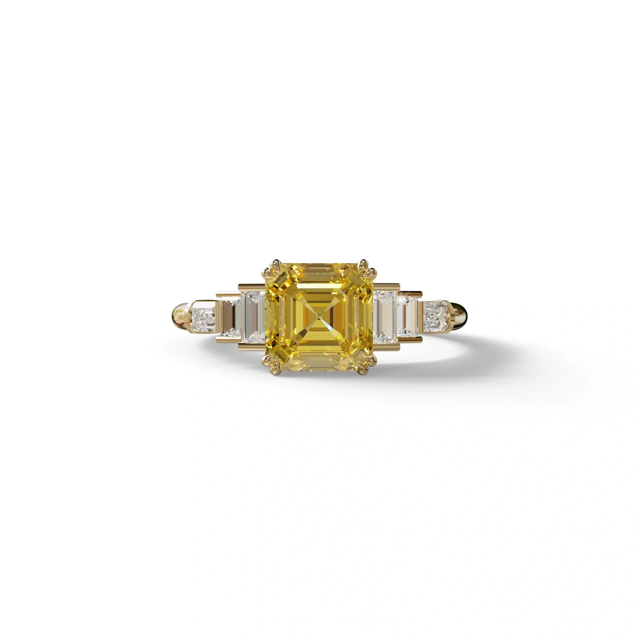 3 Carat Yellow Asscher Three Stone Lab grown Diamond Ring - Vetra - 10K Solid Gold / Yellow Gold