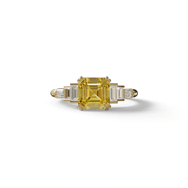 3 Carat Yellow Lab Grown Diamond Engagement Ring – Asscher Cut Three Stone | Vetra