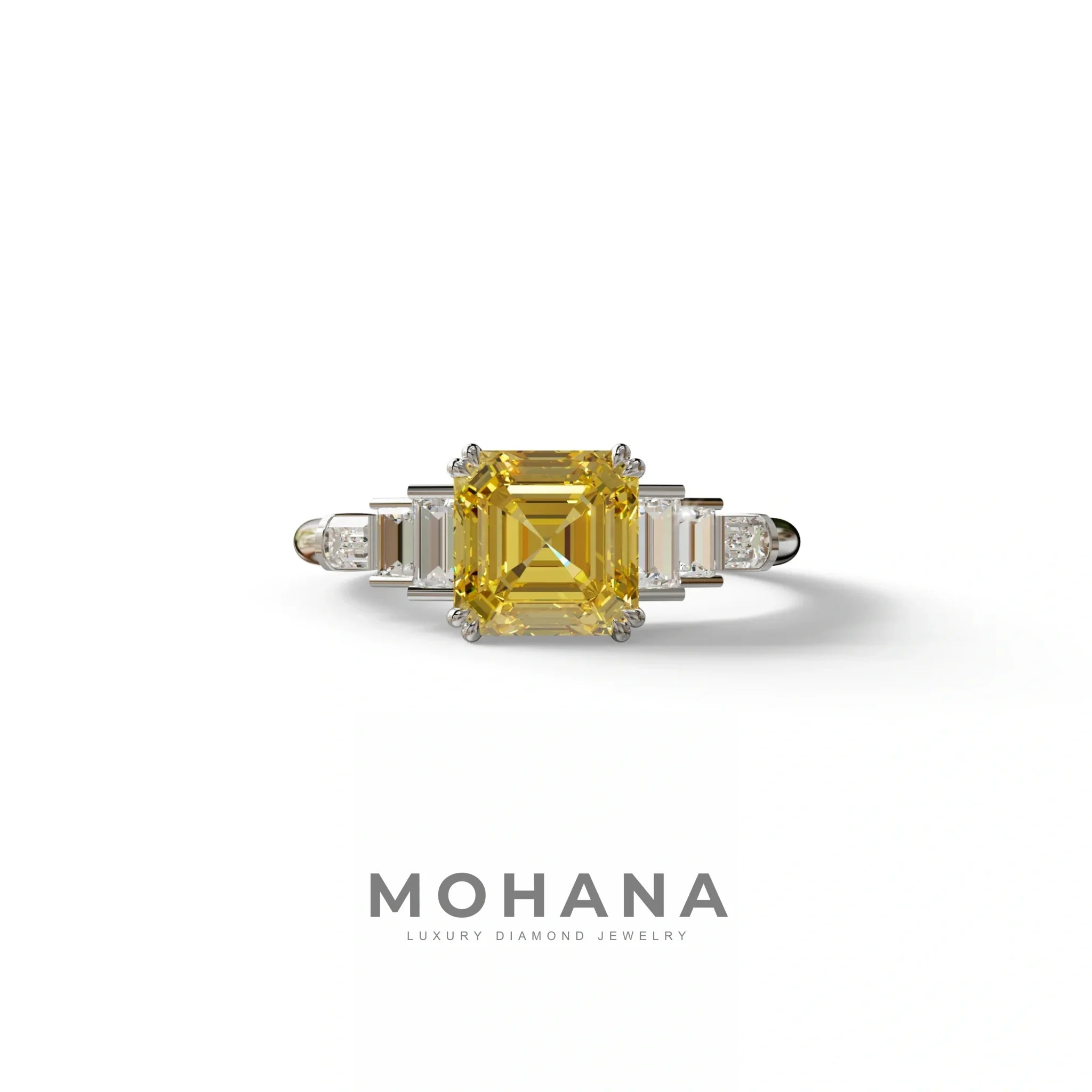 3 Carat Yellow Asscher Three Stone Lab grown Diamond Ring - Vetra - 10K Solid Gold / White Gold