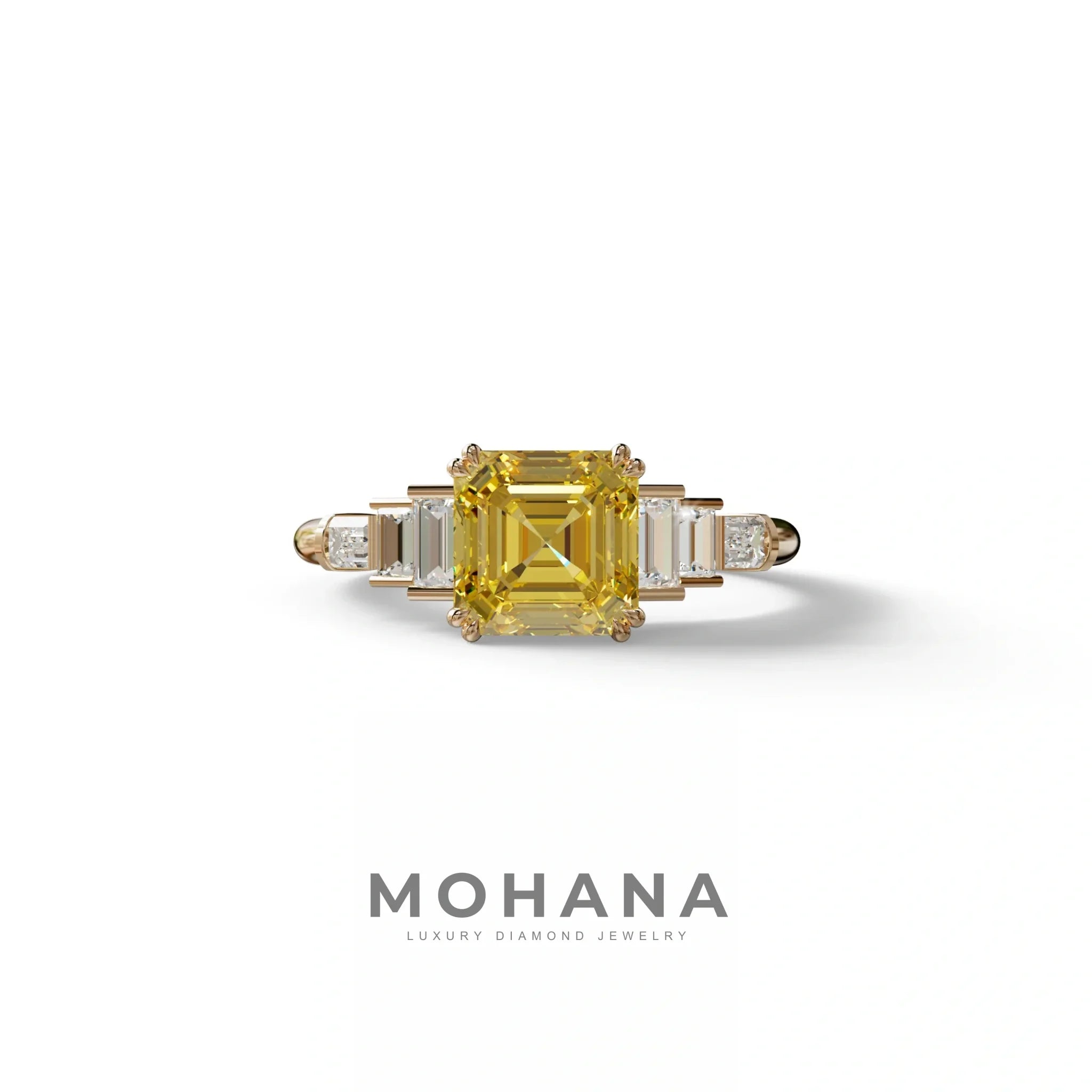 3 Carat Yellow Asscher Three Stone Lab grown Diamond Ring - Vetra - 10K Solid Gold / Rose Gold