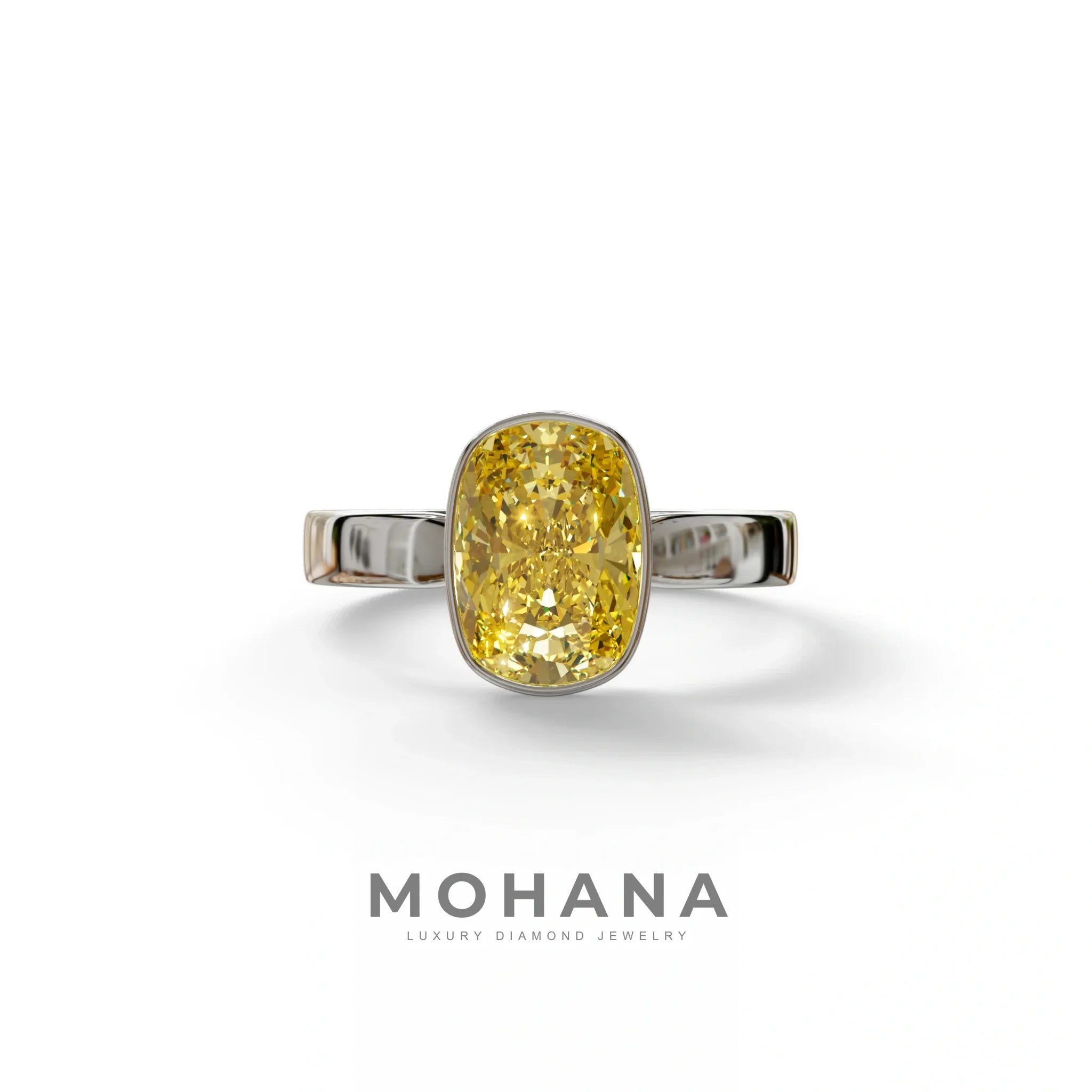 3 Carat Yellow Elongated Cushion Cut Bezel Set Engagement Ring - Astrae - 10K Solid Gold / White Gold