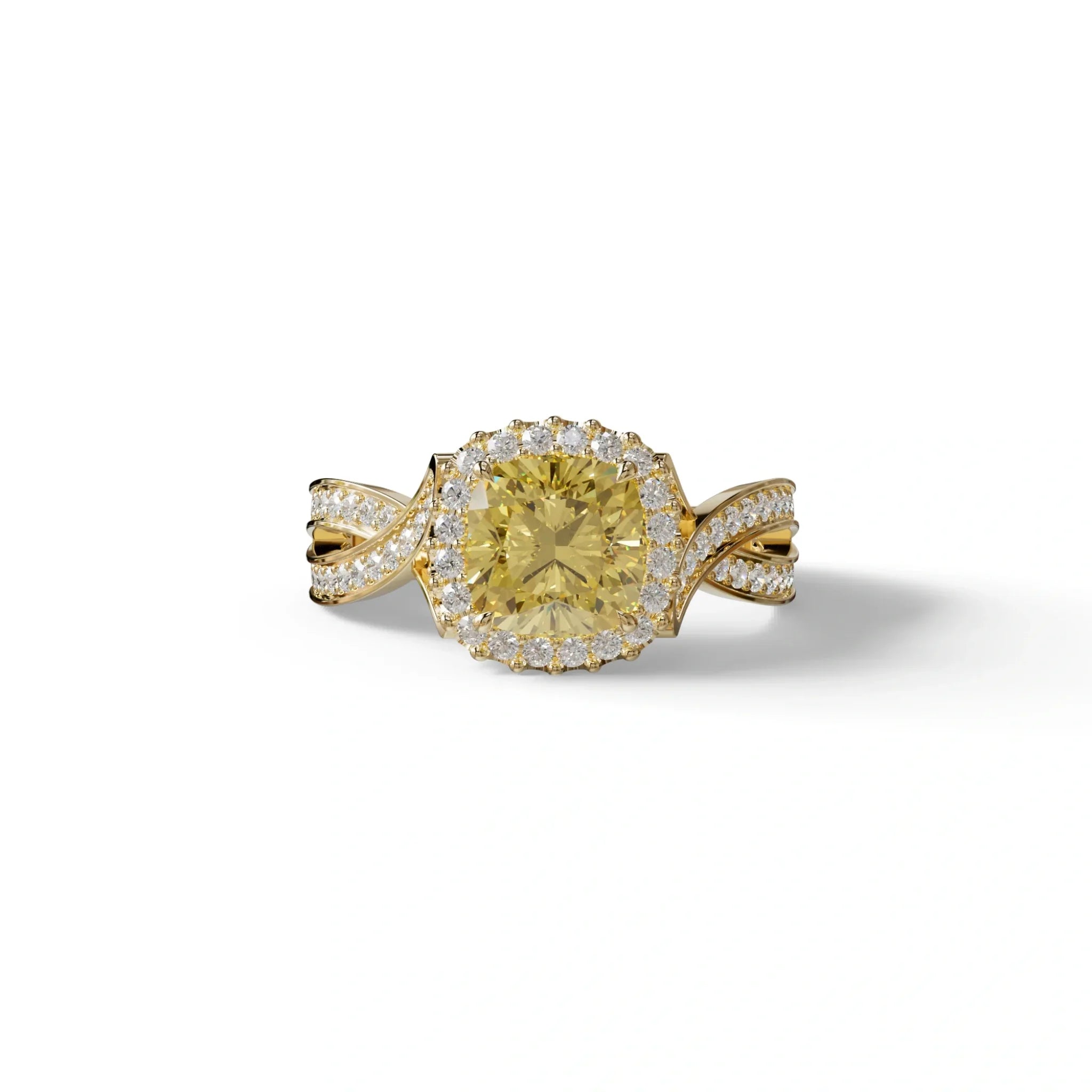 3 Carat Yellow Cushion Cut Lab Grown Halo Diamond Engagement Ring - Odessa - 10K Solid Gold / Yellow Gold