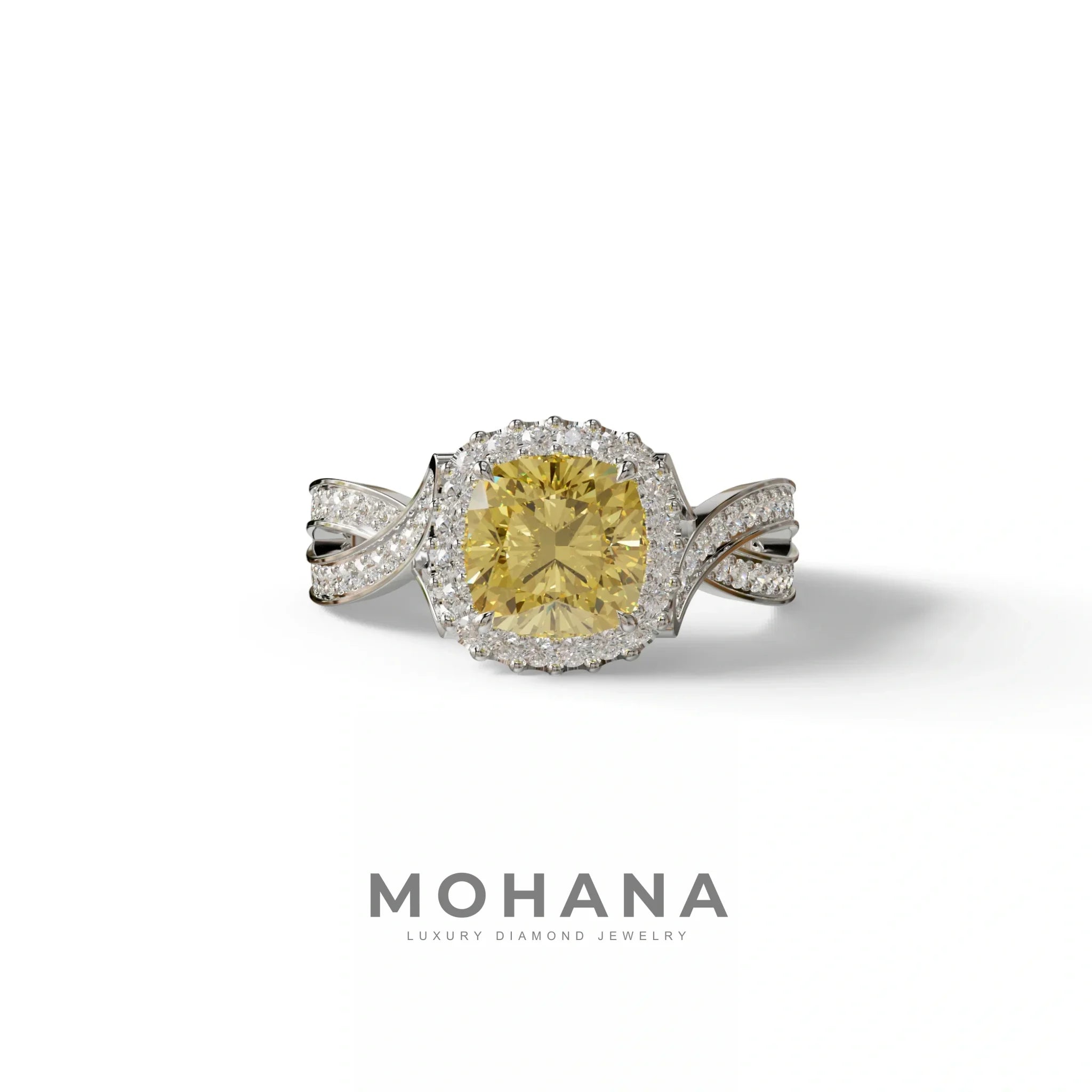 3 Carat Yellow Cushion Cut Lab Grown Halo Diamond Engagement Ring - Odessa - 10K Solid Gold / White Gold