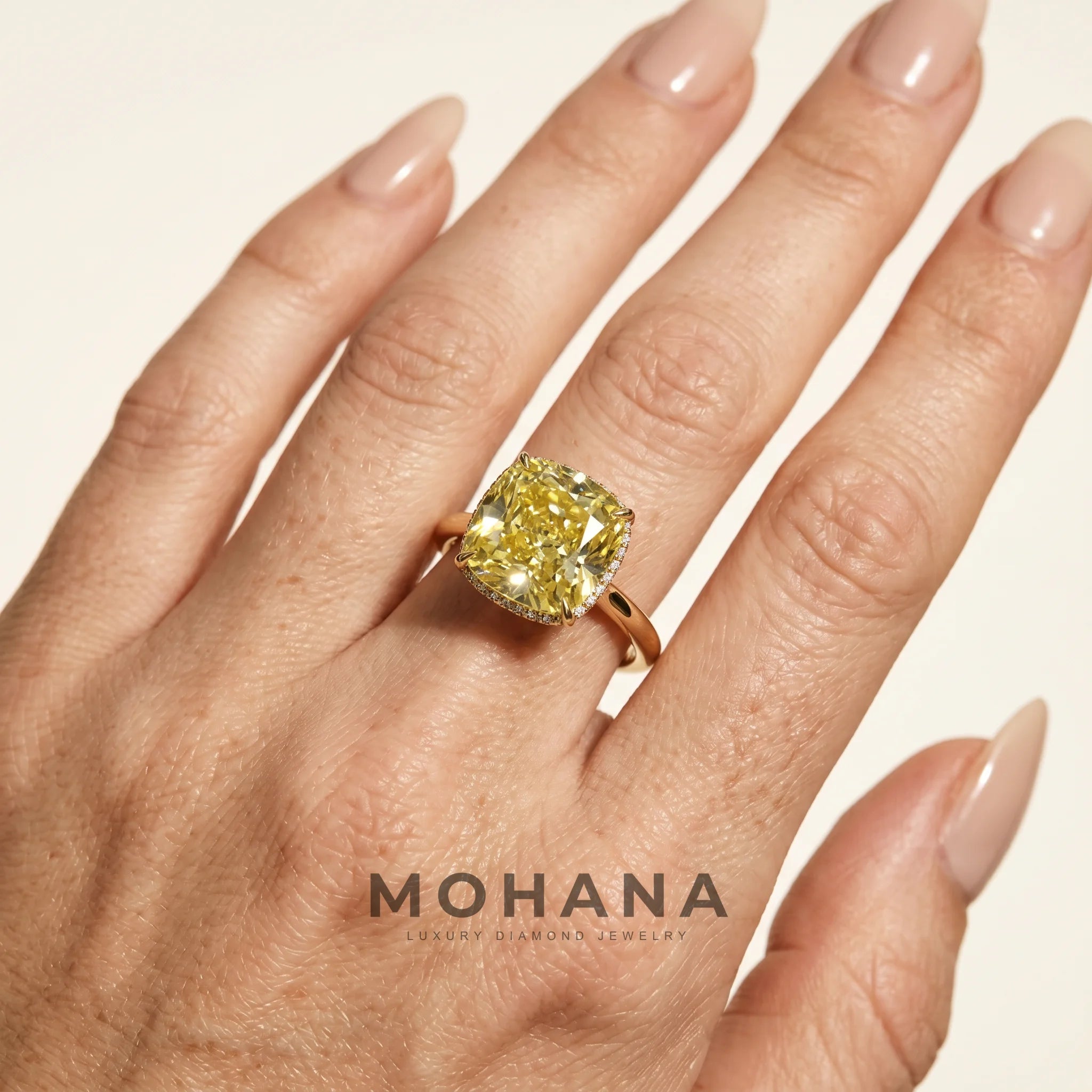 3 Carat Yellow Lab Grown Diamond Engagement Ring – Cushion Cut Hidden Halo - Engagement Ring