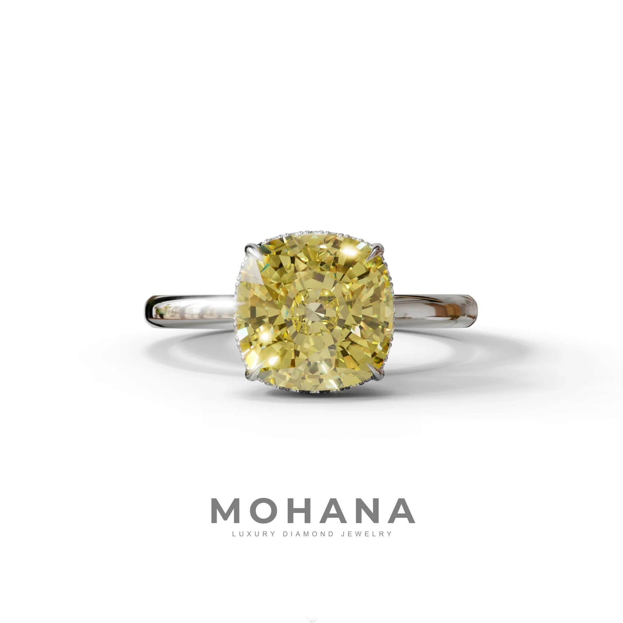 3 Carat Yellow Cushion Lab Diamond Hidden Halo Ring - 10K Solid Gold / White Gold