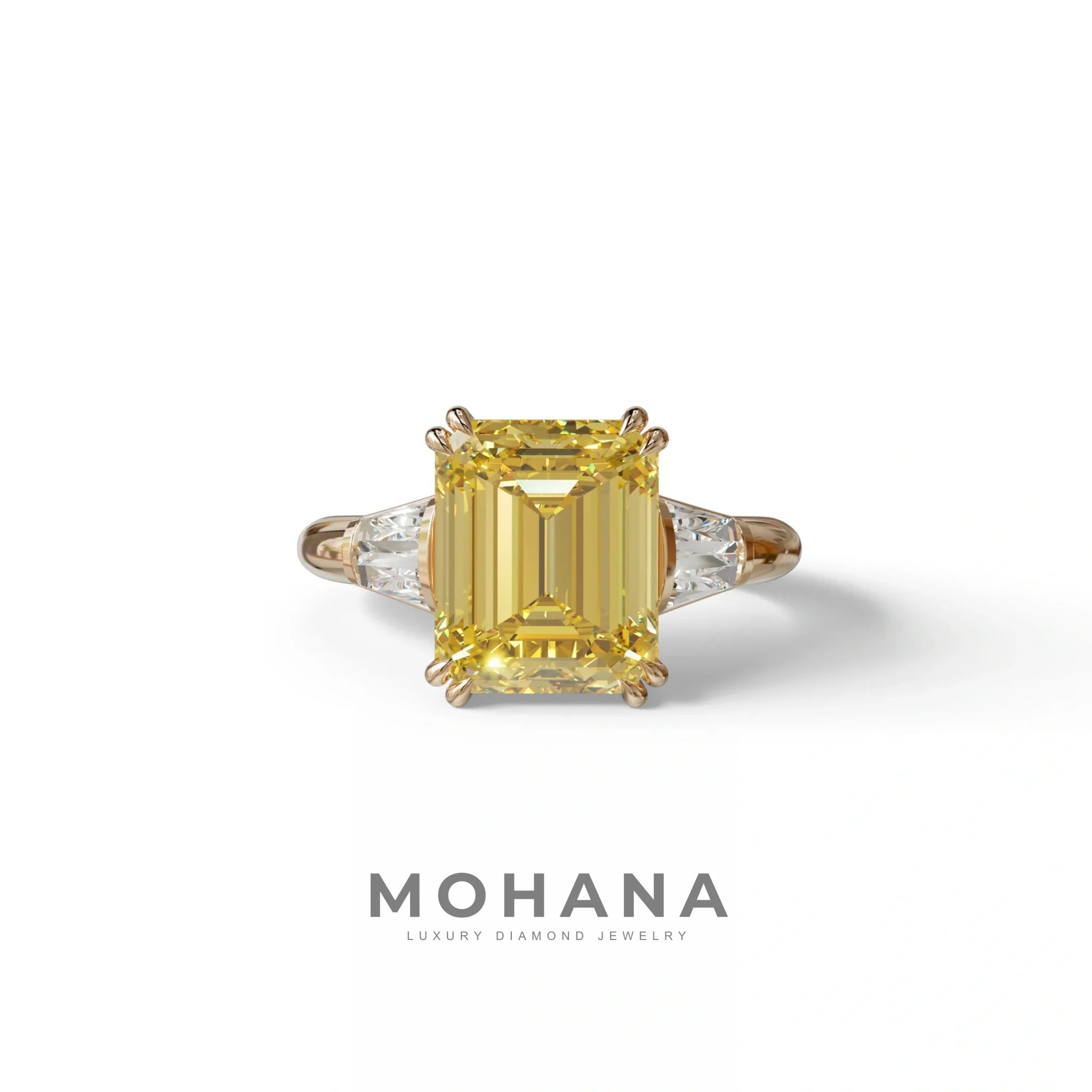 3 Carat Yellow Emerald & Baguette Cut Multi Stone Lab Diamond Ring - Lami - 10K Solid Gold / Rose Gold