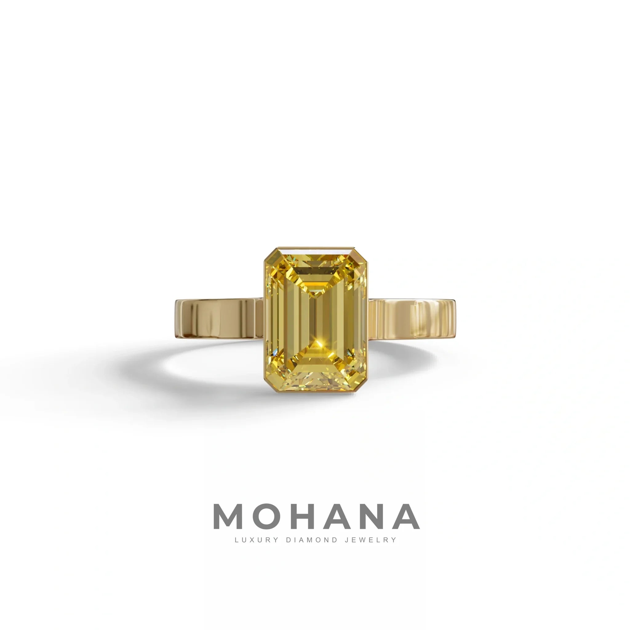 Fancy Vivid Yellow 3 Carat Emerald Cut Bezel Setting Lab Diamond Ring - Zelora - 10K Solid Gold / Yellow Gold