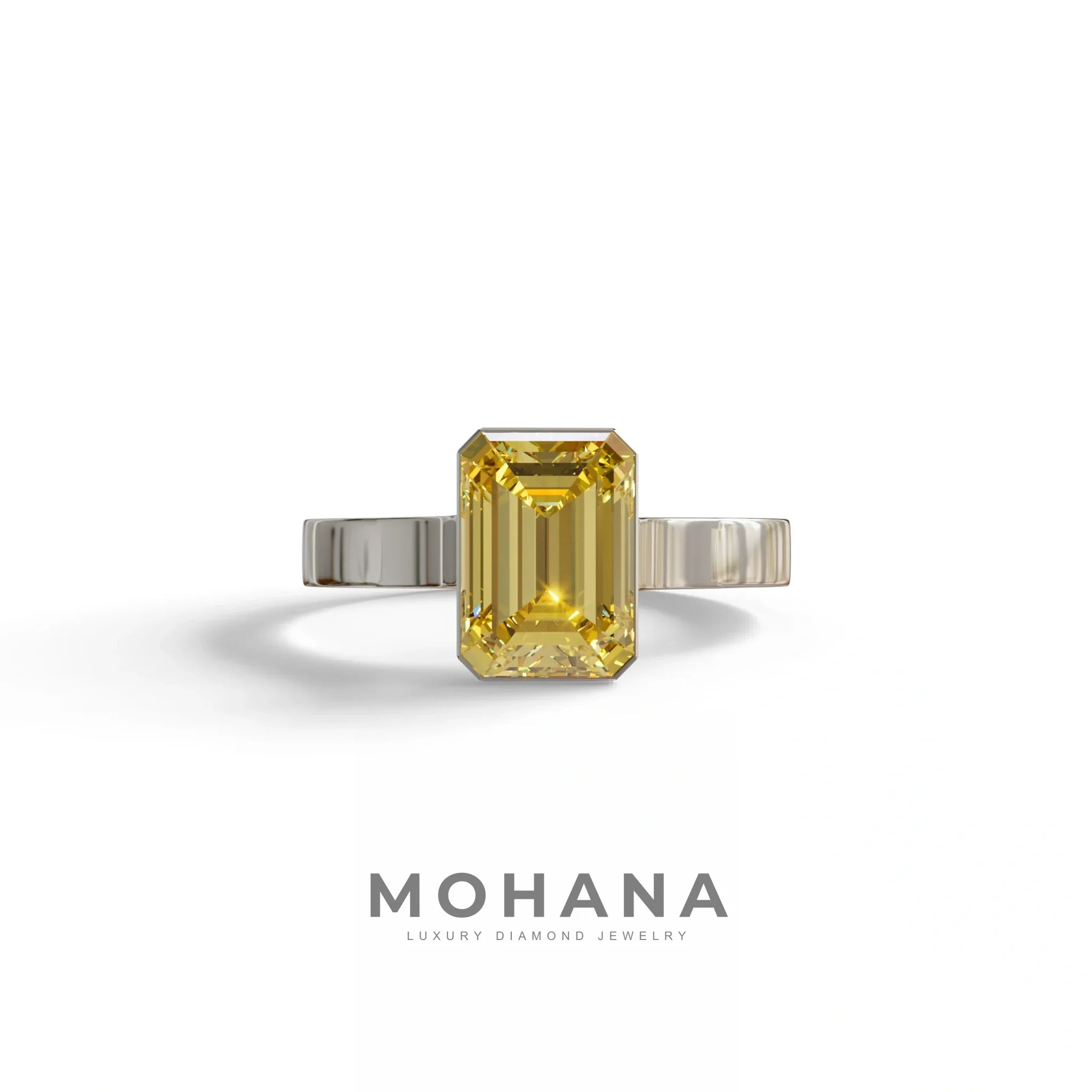 Fancy Vivid Yellow 3 Carat Emerald Cut Bezel Setting Lab Diamond Ring - Zelora - 10K Solid Gold / White Gold