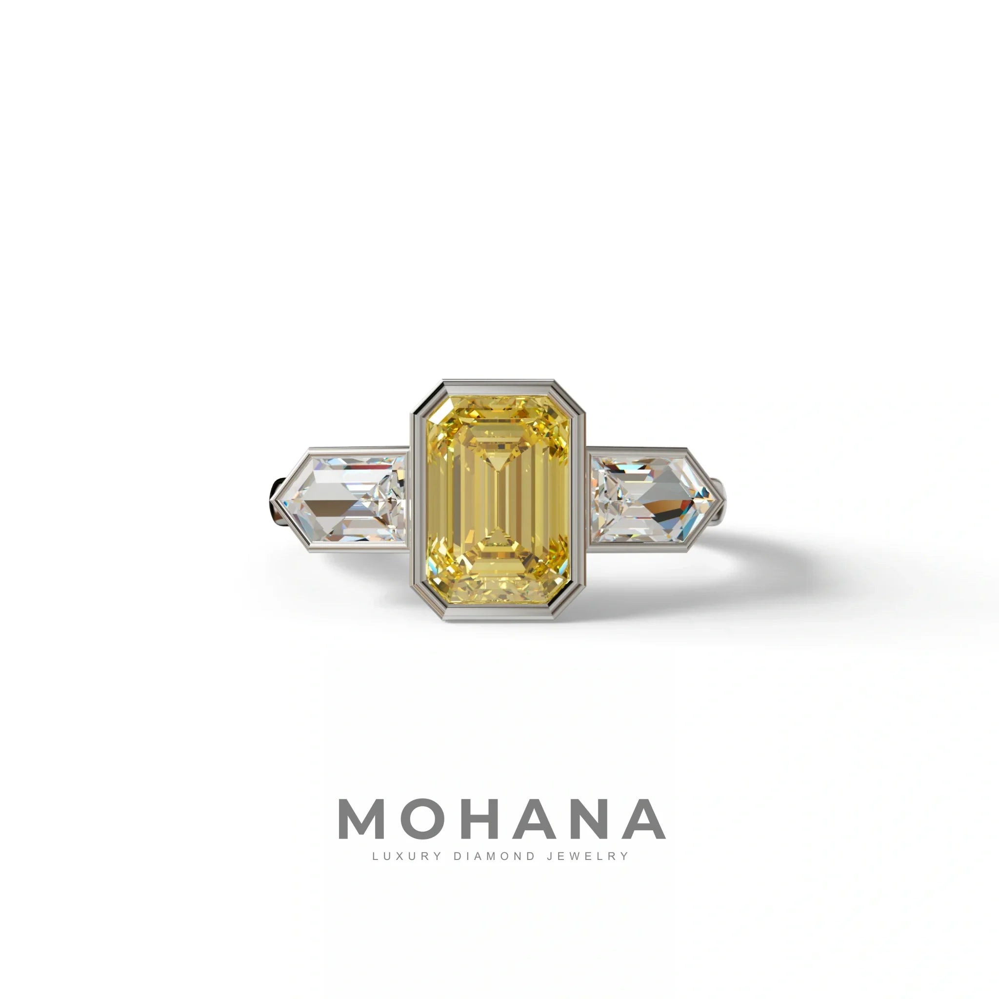3 Ct Fancy Vivid Yellow Emerald Cut Lab Diamond Ring - Lumons - 10K Solid Gold / White Gold