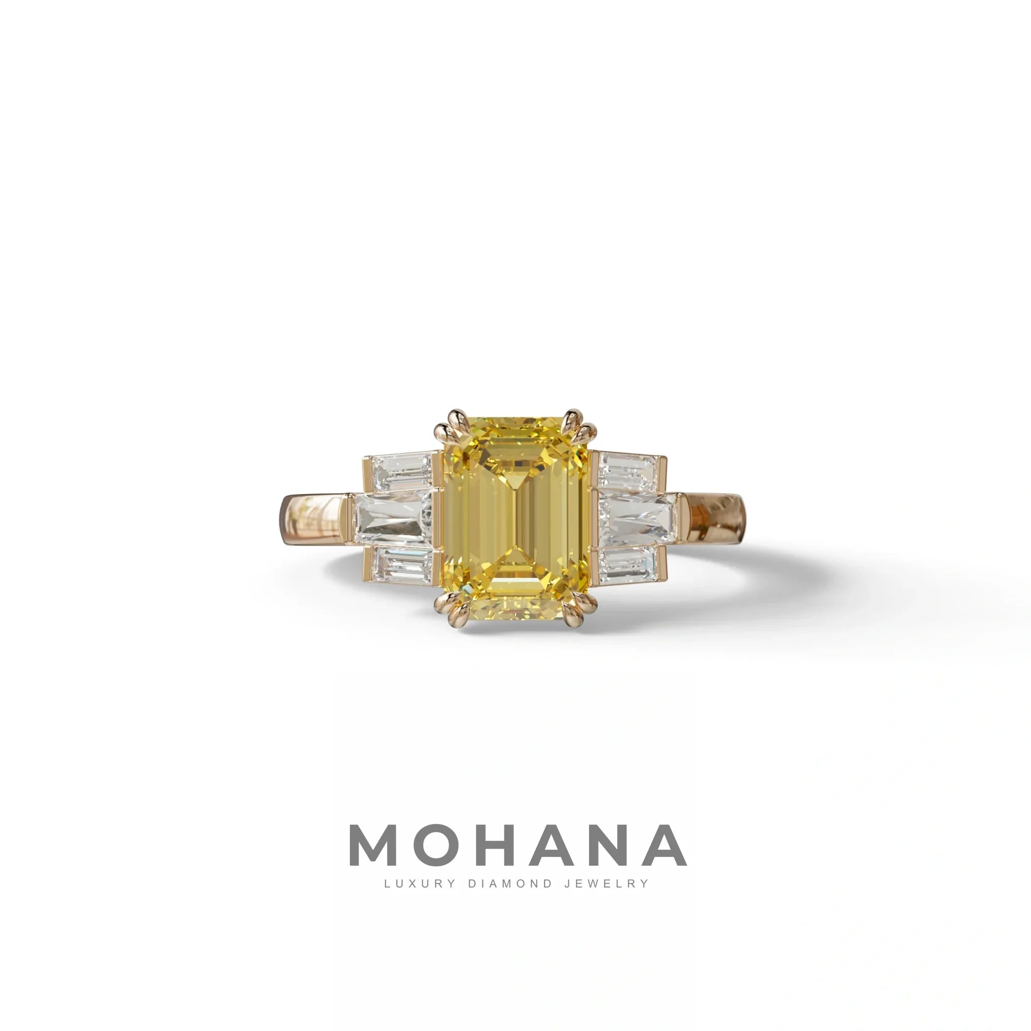 3 Carat Emerald Cut Yellow Lab Grown Diamond Engagement Ring - Leela - 10K Solid Gold / Rose Gold