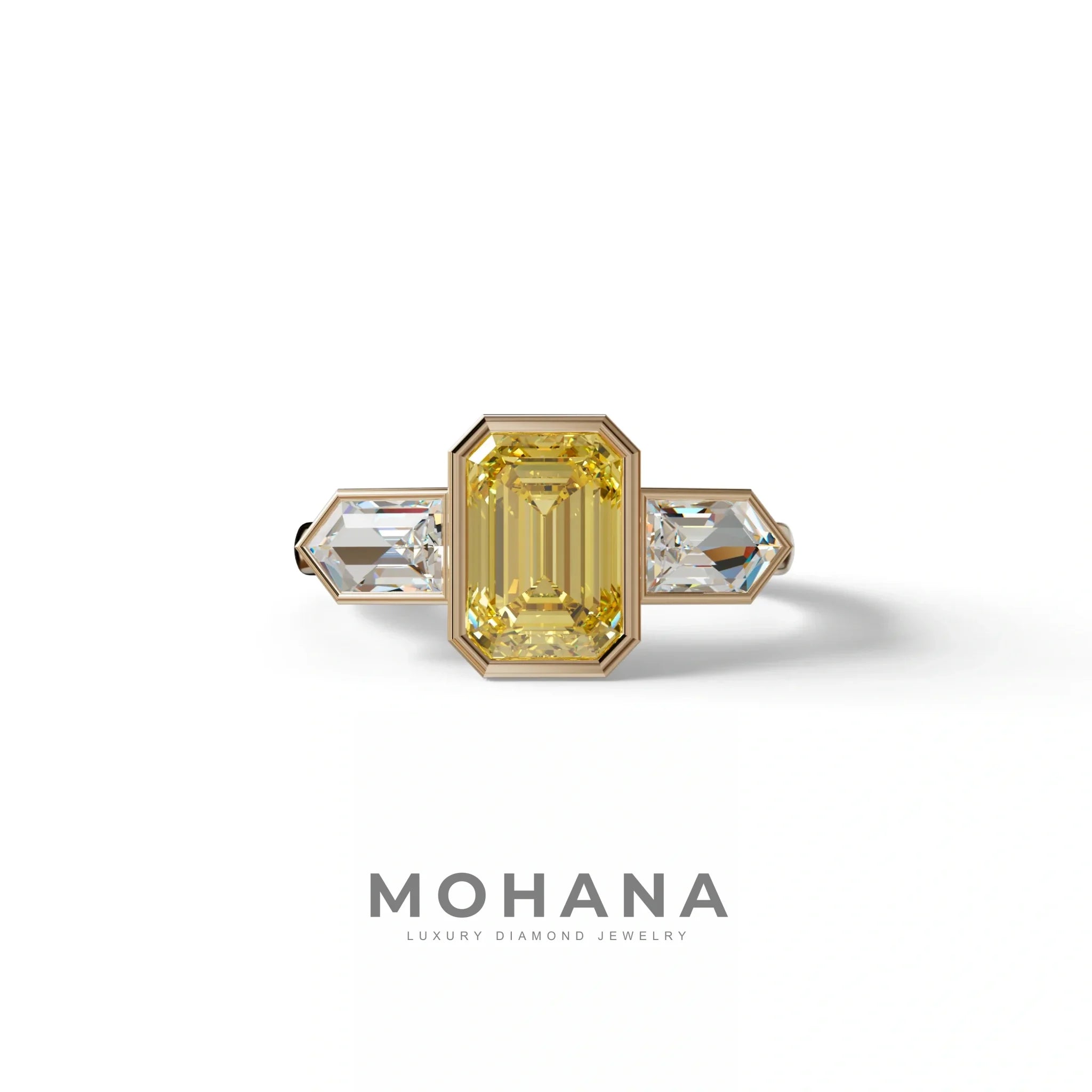 3 Ct Fancy Vivid Yellow Emerald Cut Lab Diamond Ring - Lumons - 10K Solid Gold / Rose Gold