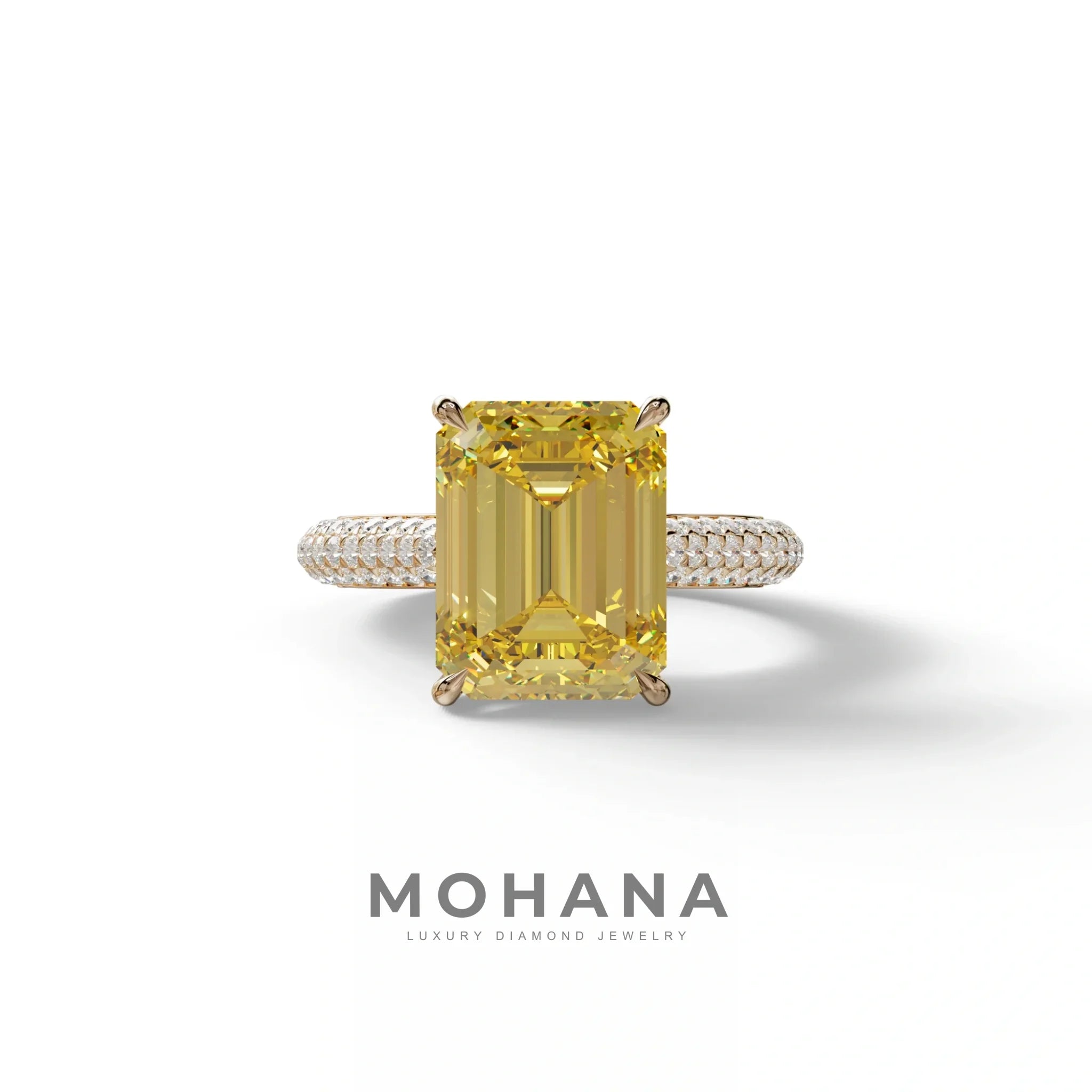 3 Carat Yellow Emerald Cut Hidden Halo & Pave Set Lab Diamond Ring - Emme - 10K Solid Gold / Rose Gold