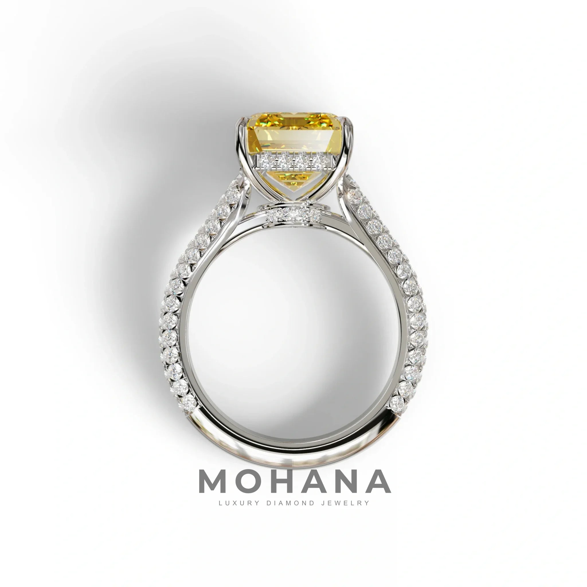 3 Carat Yellow Emerald Cut Hidden Halo & Pave Set Lab Diamond Ring - Emme