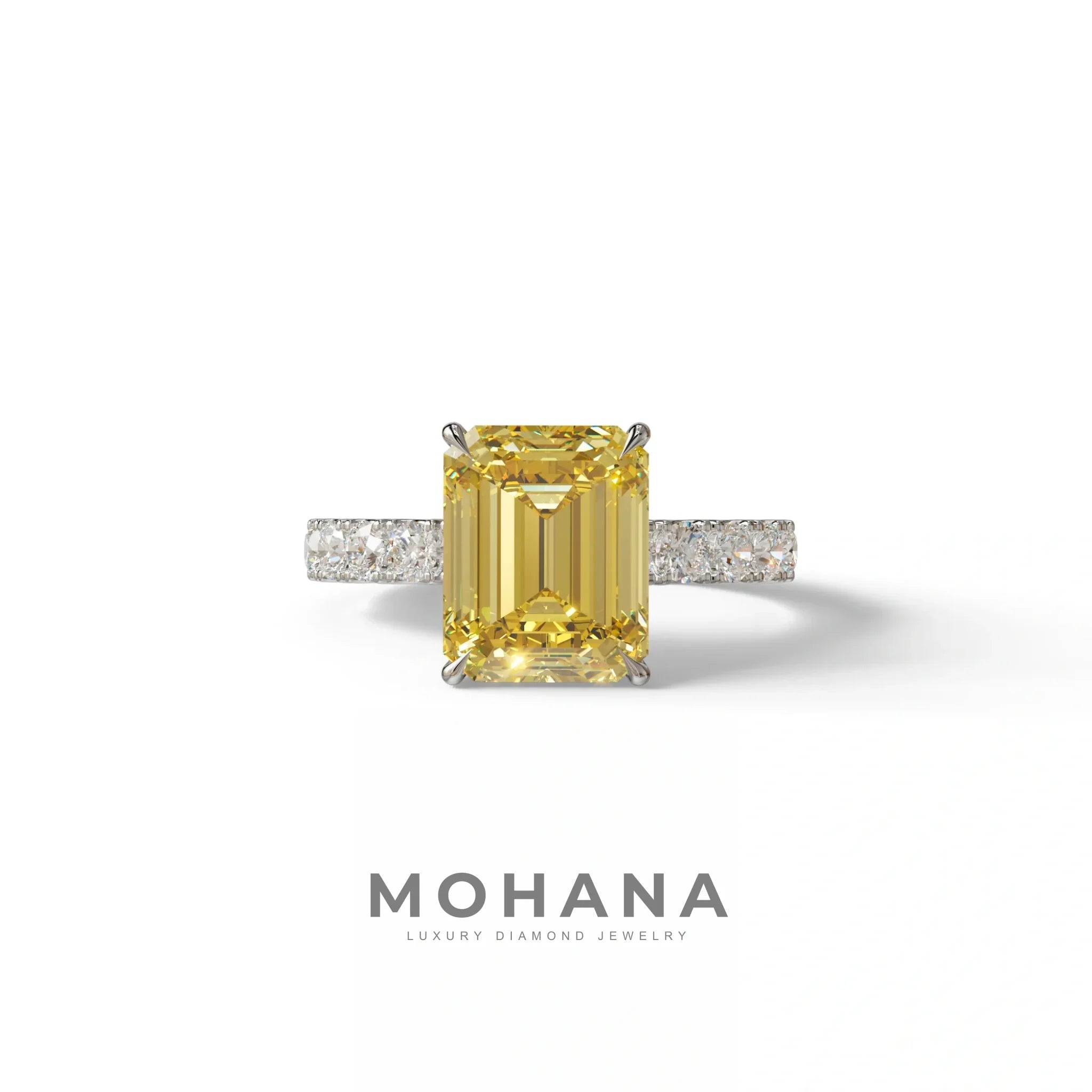 3 Carat Yellow Emerald Cut Hidden Halo Lab Diamond Engagement Ring - Luminary - 10K Solid Gold / White Gold