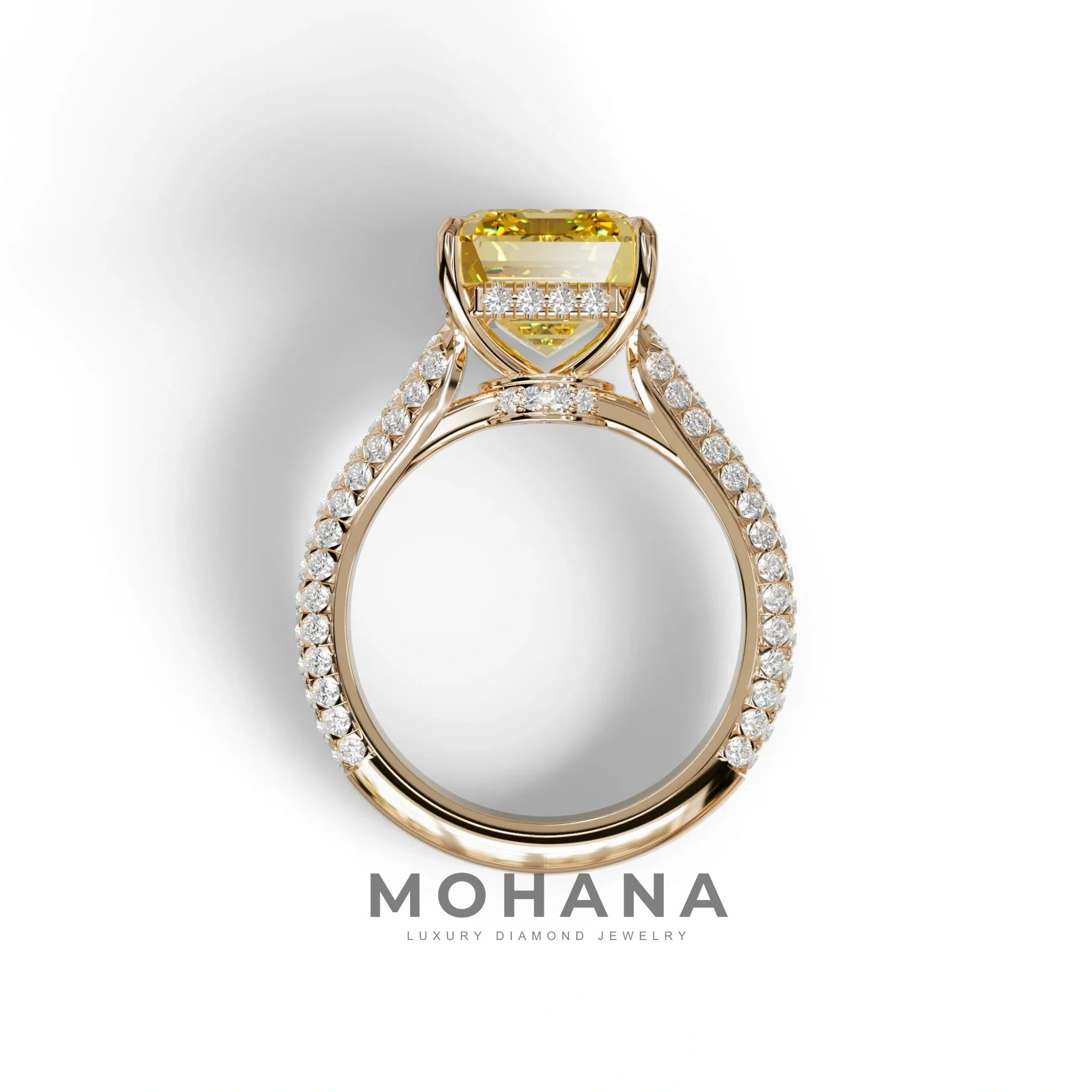 3 Carat Yellow Emerald Cut Hidden Halo & Pave Set Lab Diamond Ring - Emme