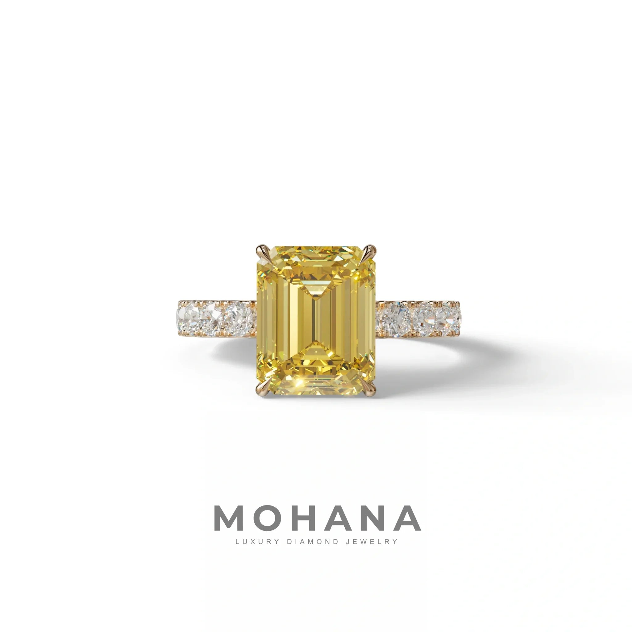 3 Carat Yellow Emerald Cut Hidden Halo Lab Diamond Engagement Ring - Luminary - 10K Solid Gold / Rose Gold