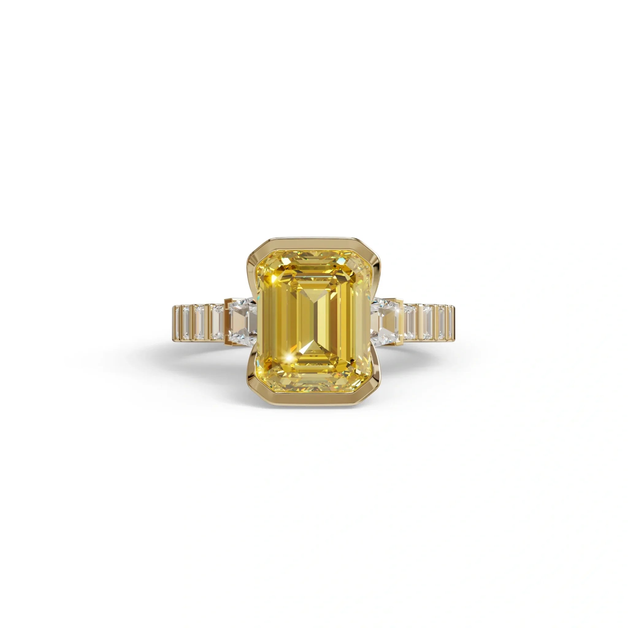 3 Carat Yellow Emerald Cut Three Stone Lab Diamond Engagement Ring - Gatsby - 10K Solid Gold / Yellow Gold