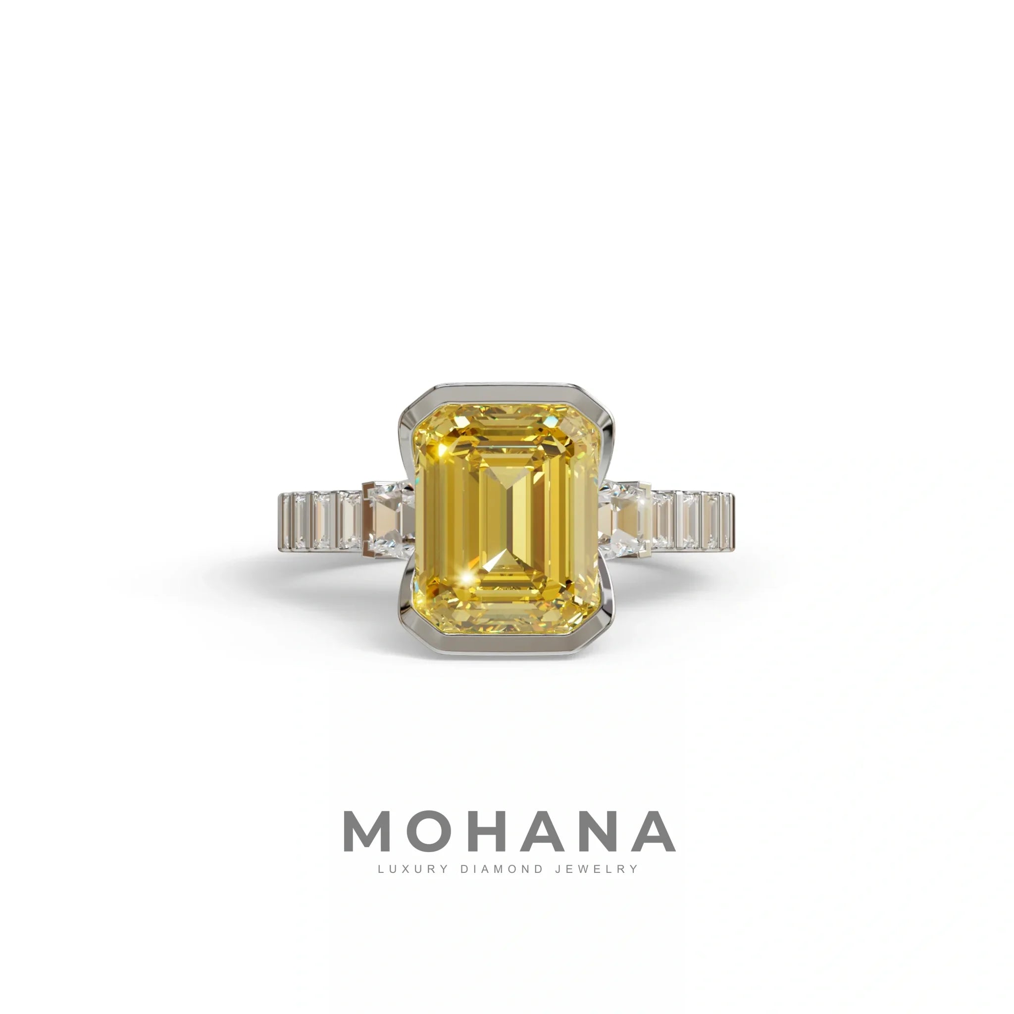 3 Carat Yellow Emerald Cut Three Stone Lab Diamond Engagement Ring - Gatsby - 10K Solid Gold / White Gold